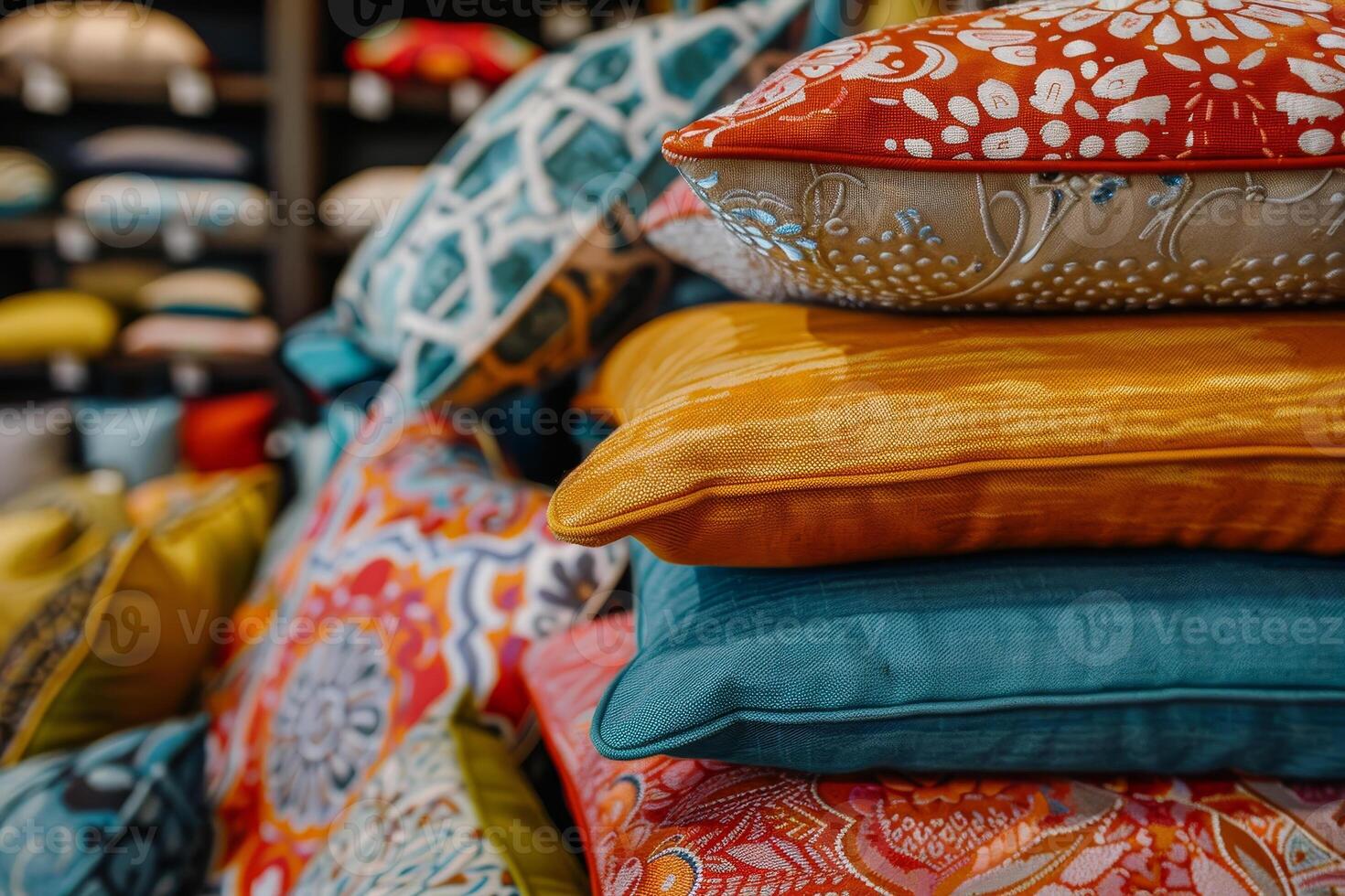 A pile of colorful pillows on a table photo