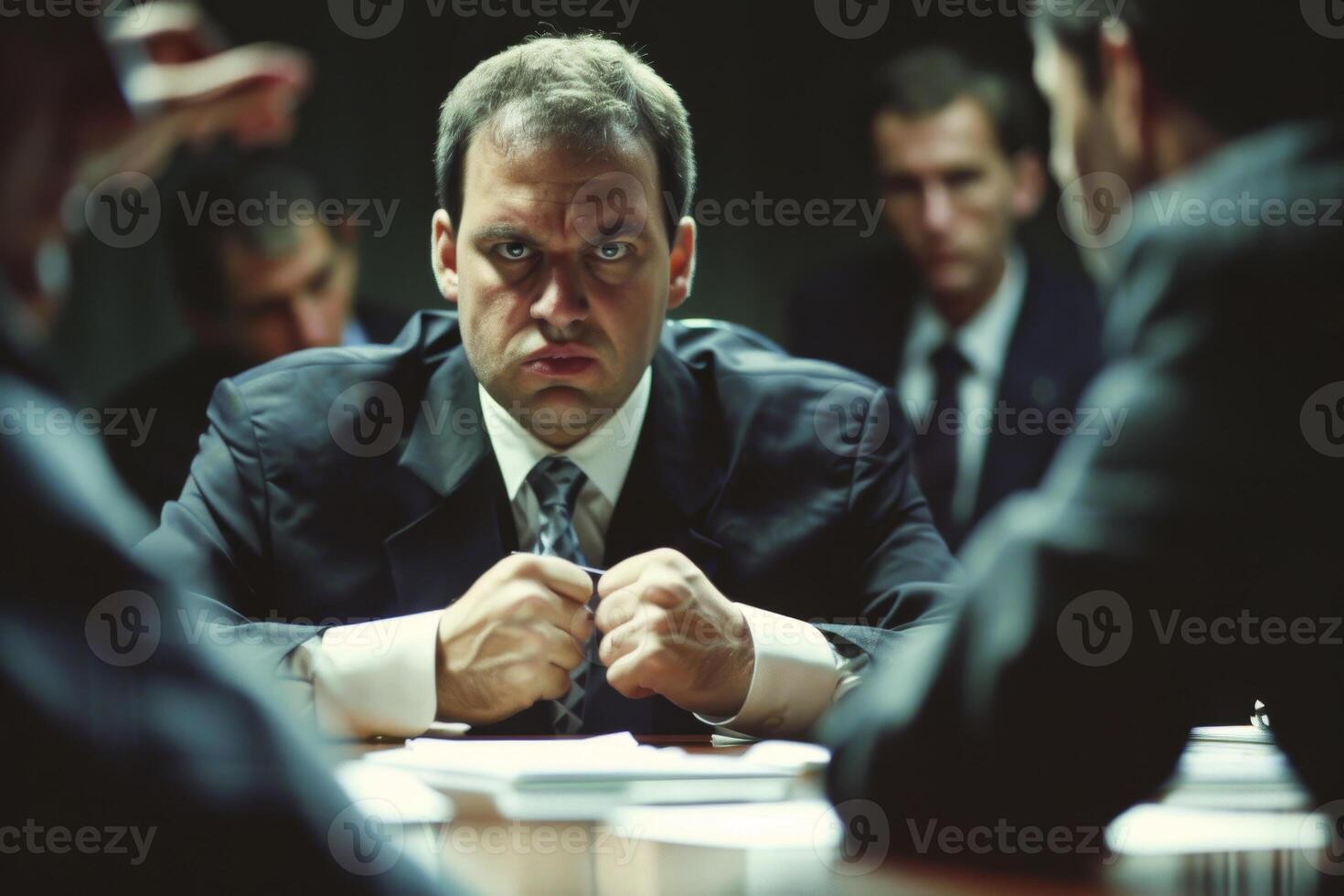 A man in a suit sitting at a table with other people photo