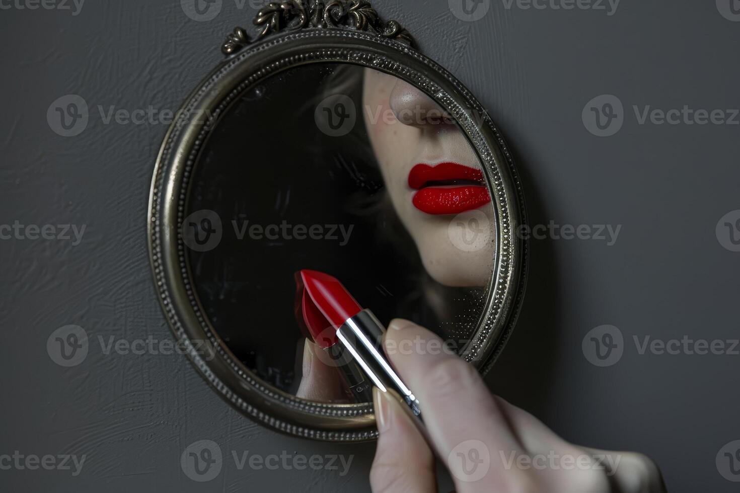 A woman with red lipstick is looking at herself in a mirror photo