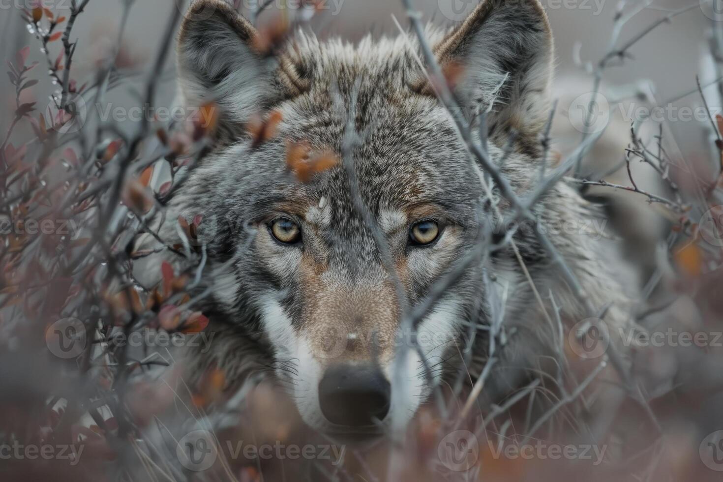 A wolf is looking at the camera in the brush photo