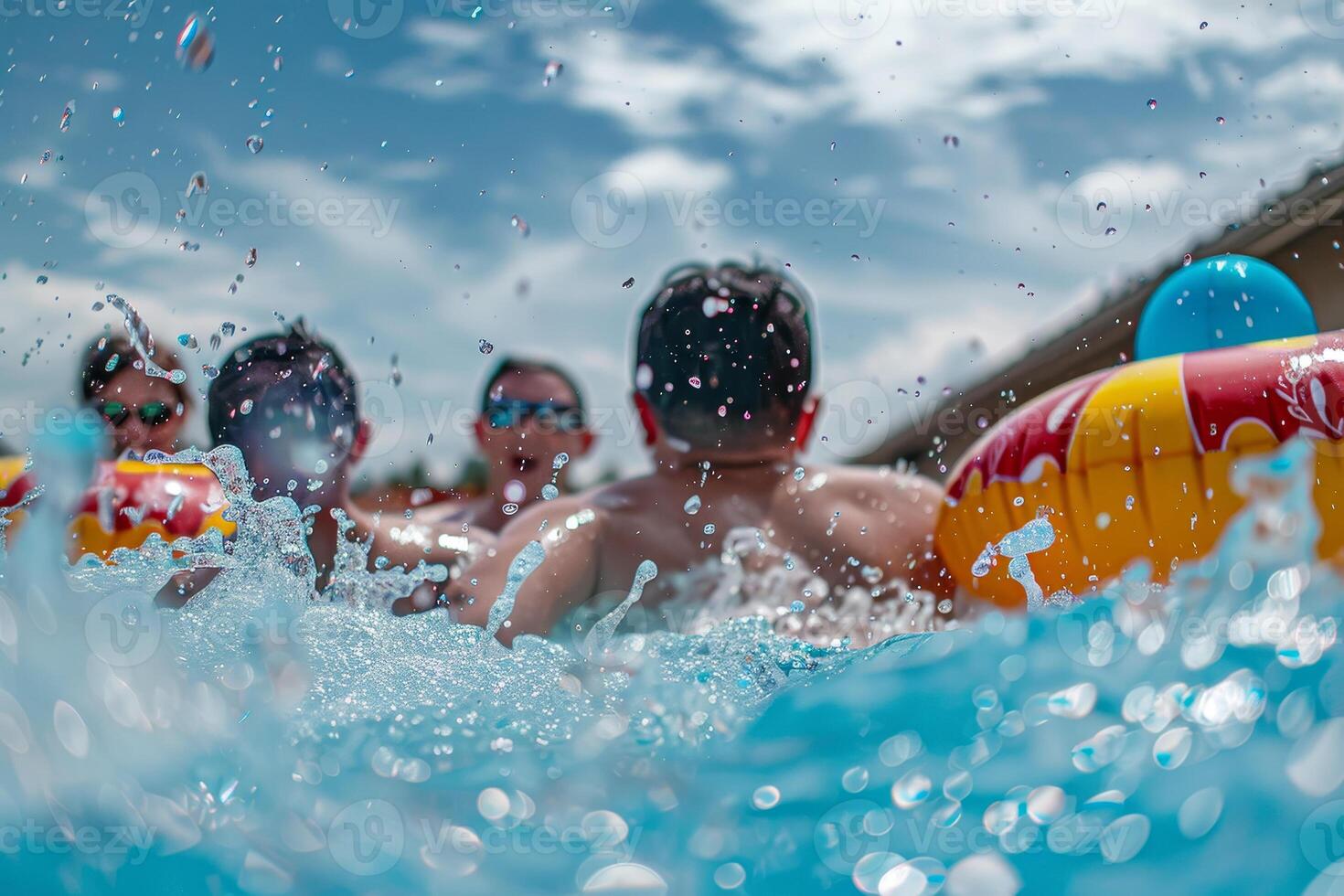 A group of people in a pool with water splashing around them photo