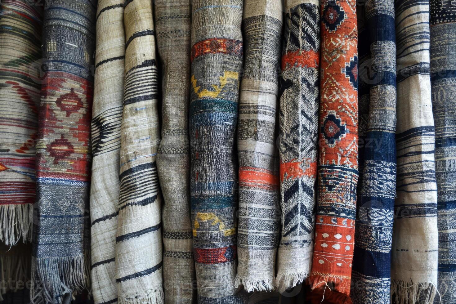 A row of blankets and blankets are displayed in a store photo