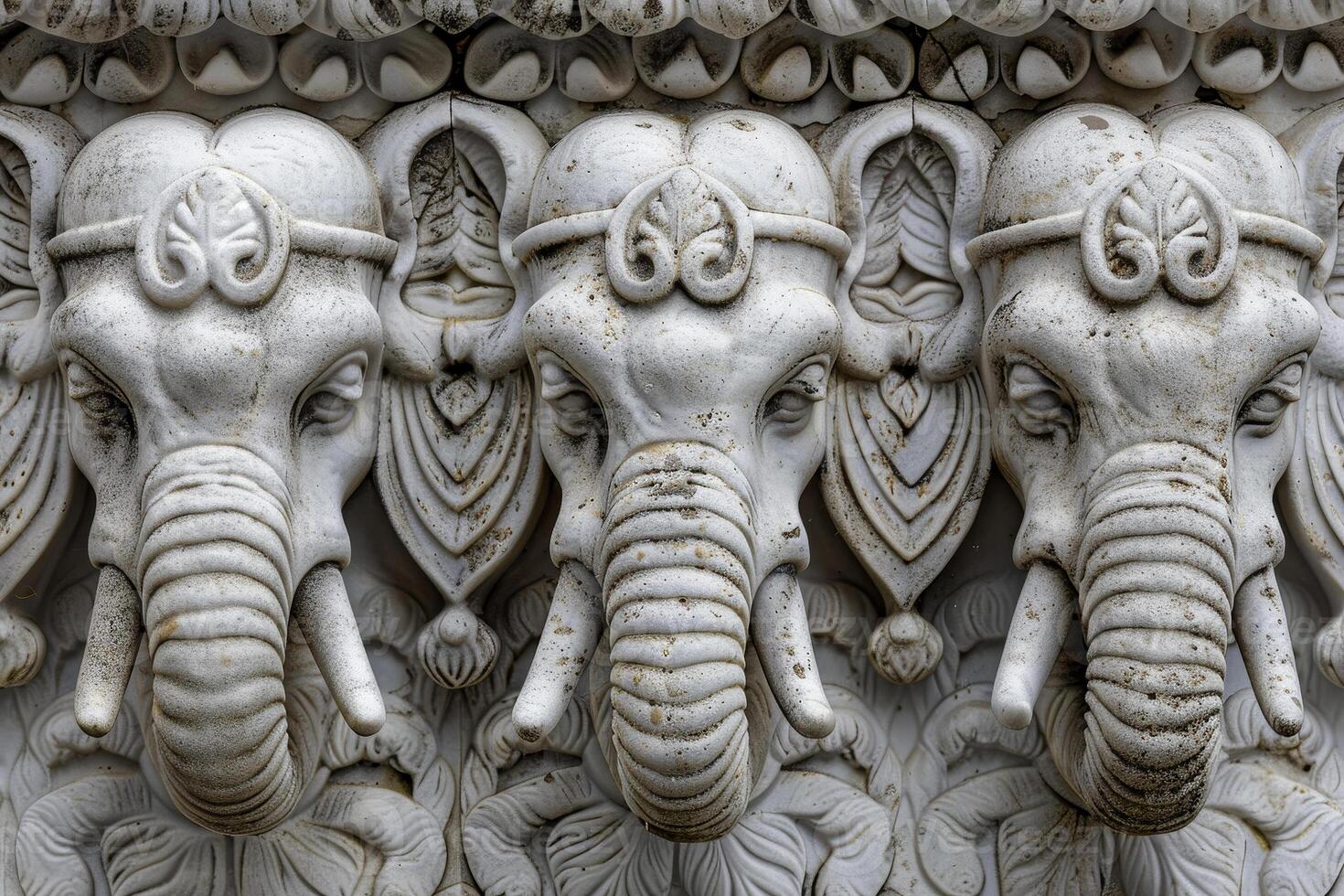 A group of elephants with faces carved on them photo