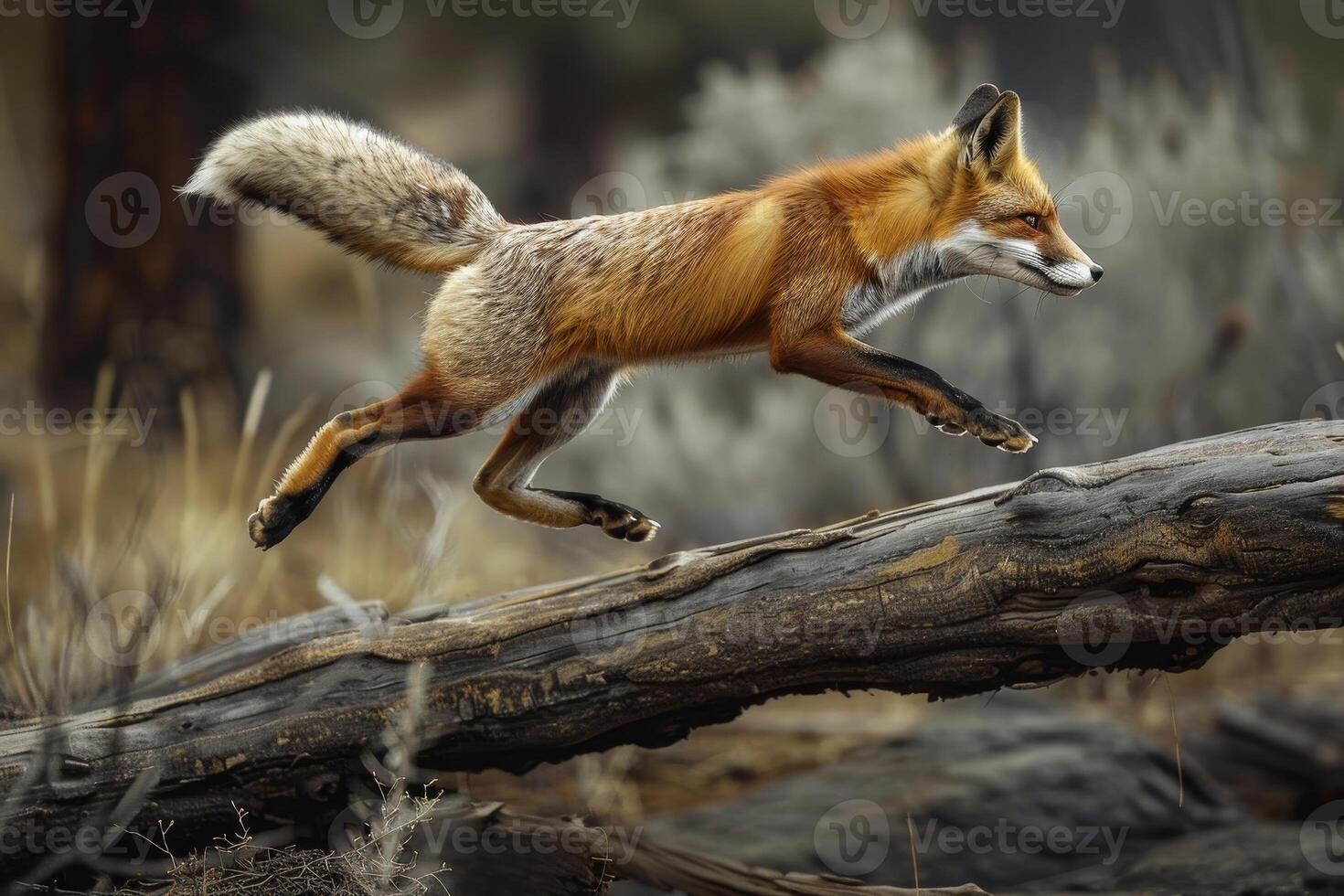 A fox running on a fallen log in the woods photo