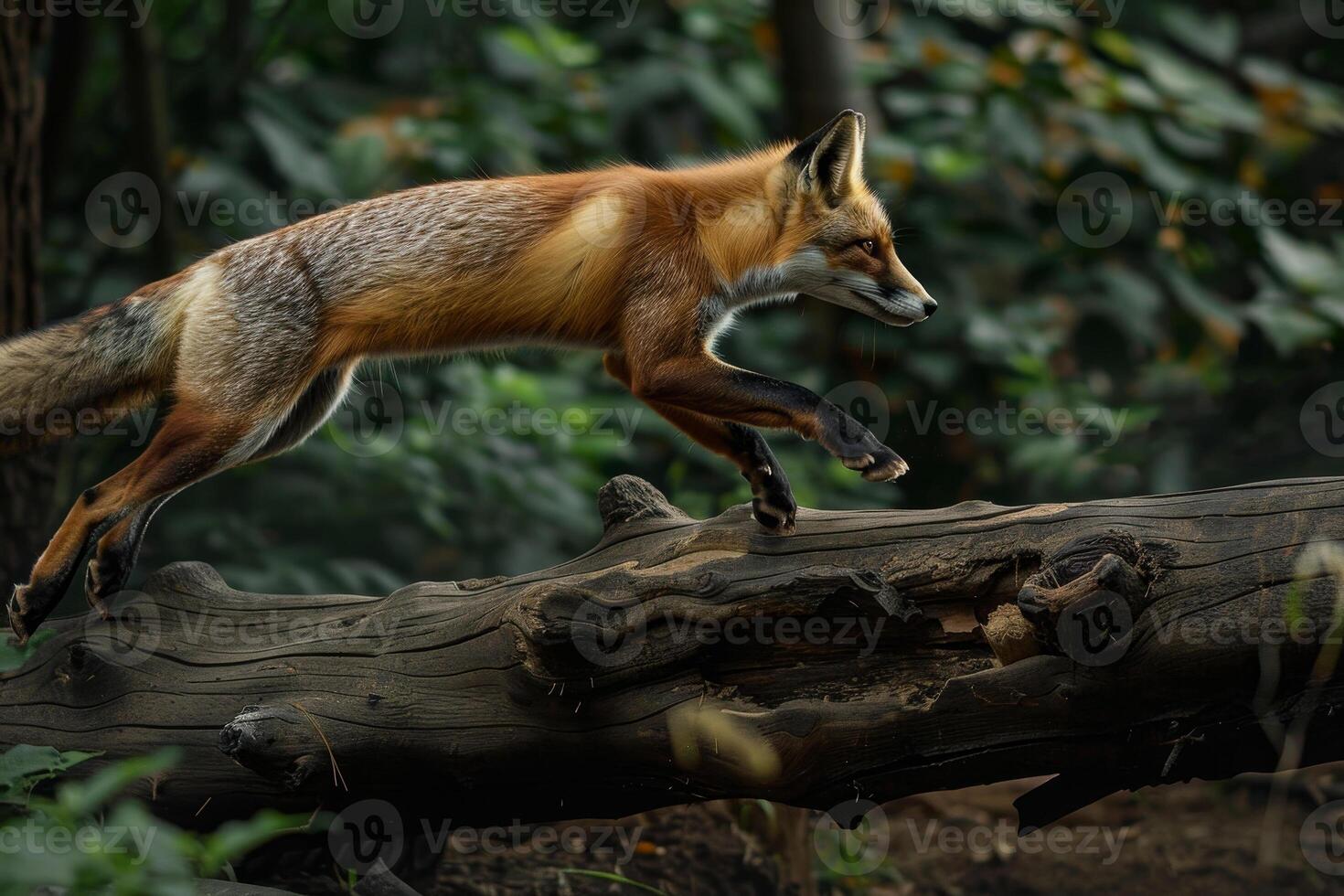 A fox jumping over a fallen log photo