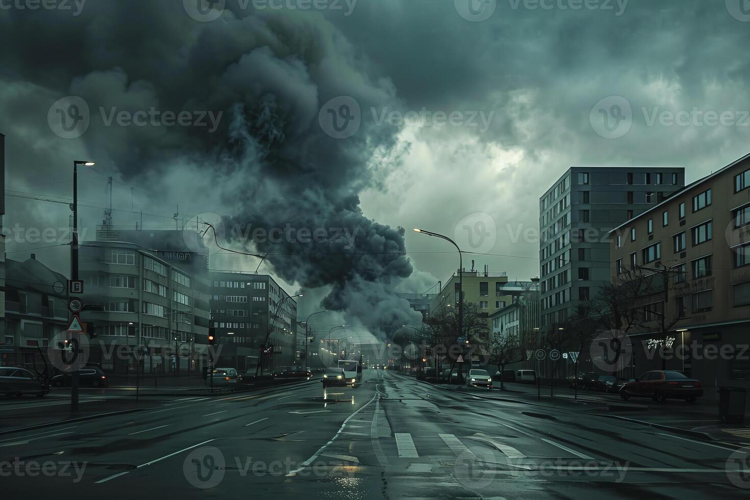 A city street is filled with smoke and cars photo
