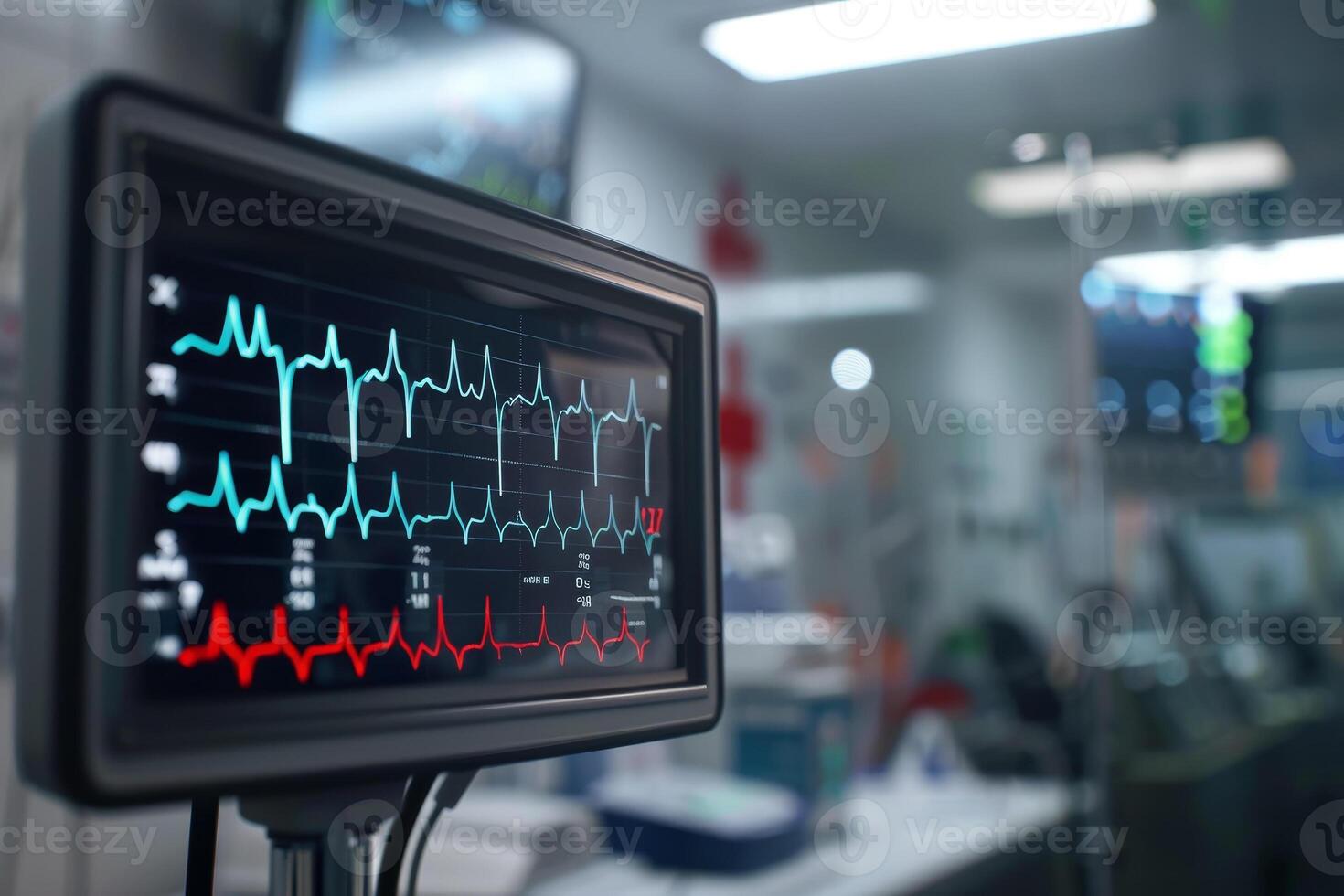A monitor with ecg on it in a hospital photo