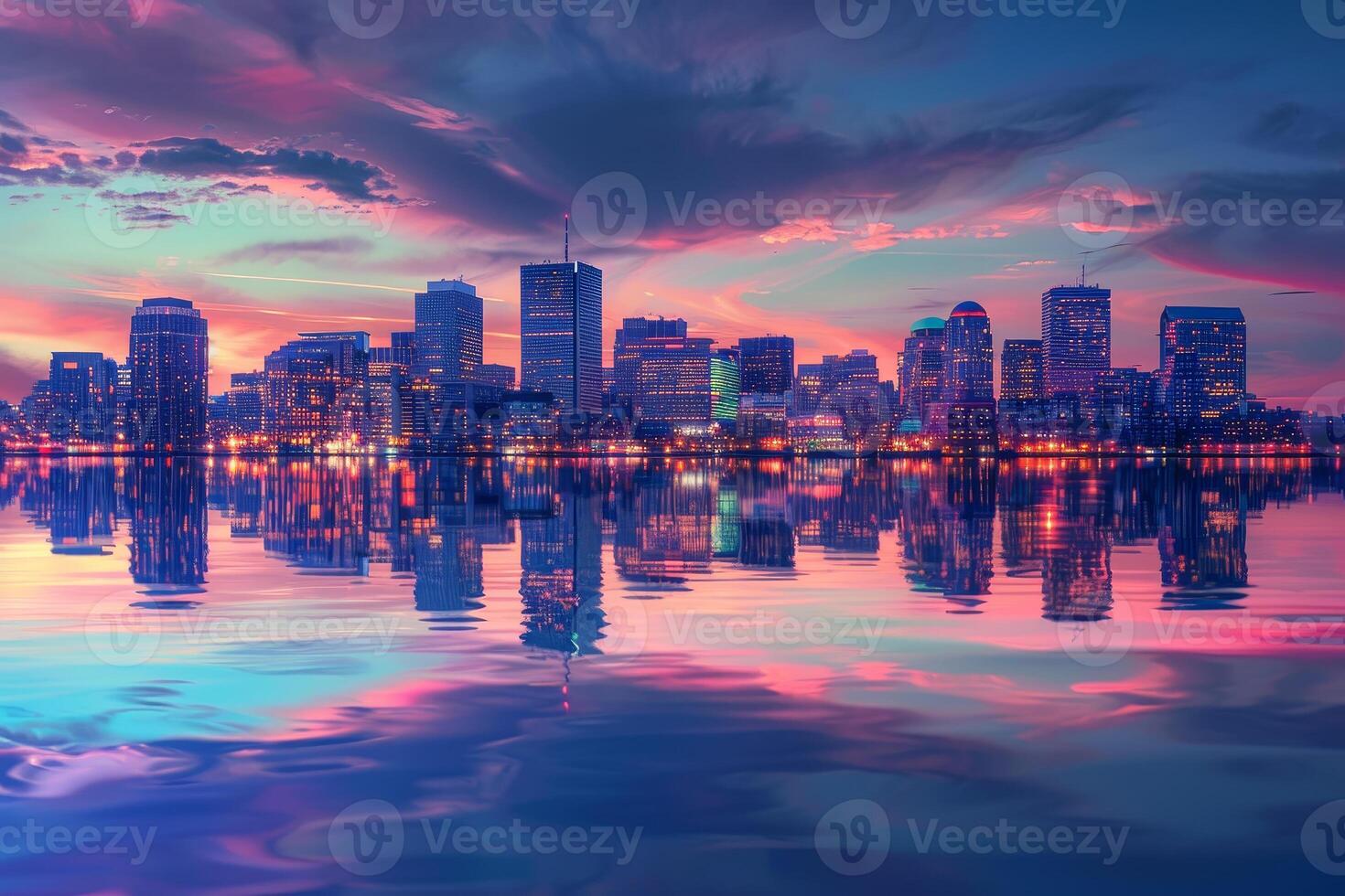 A city skyline at sunset with a reflection in the water photo