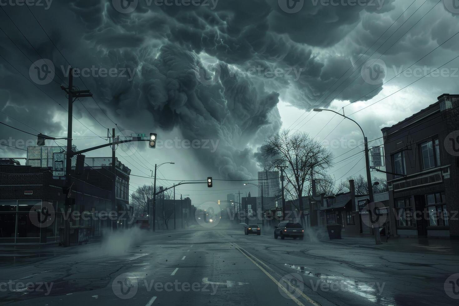 A stormy day in the city with a large cloud photo