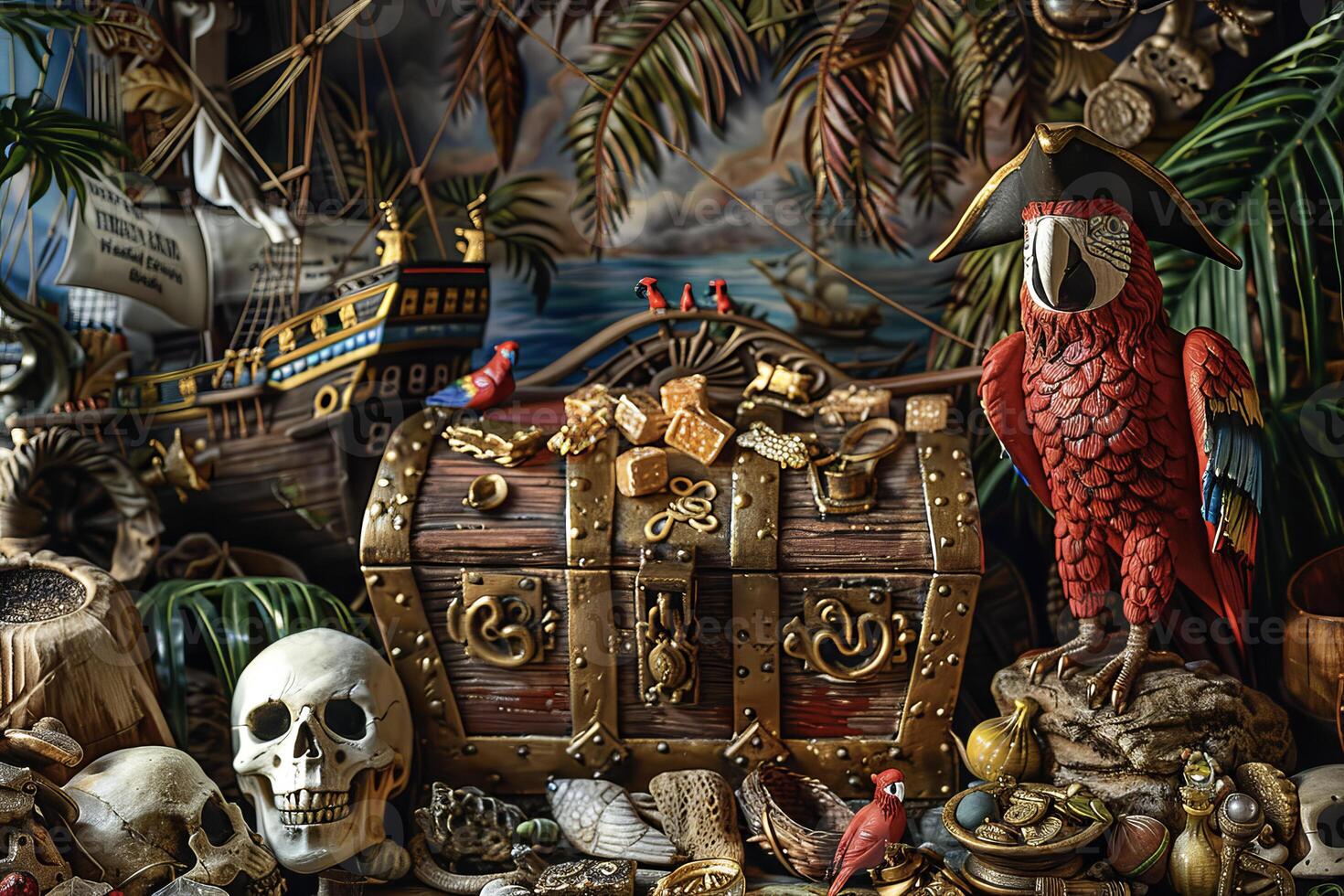 A pirate chest with a parrot, skull, and other items photo