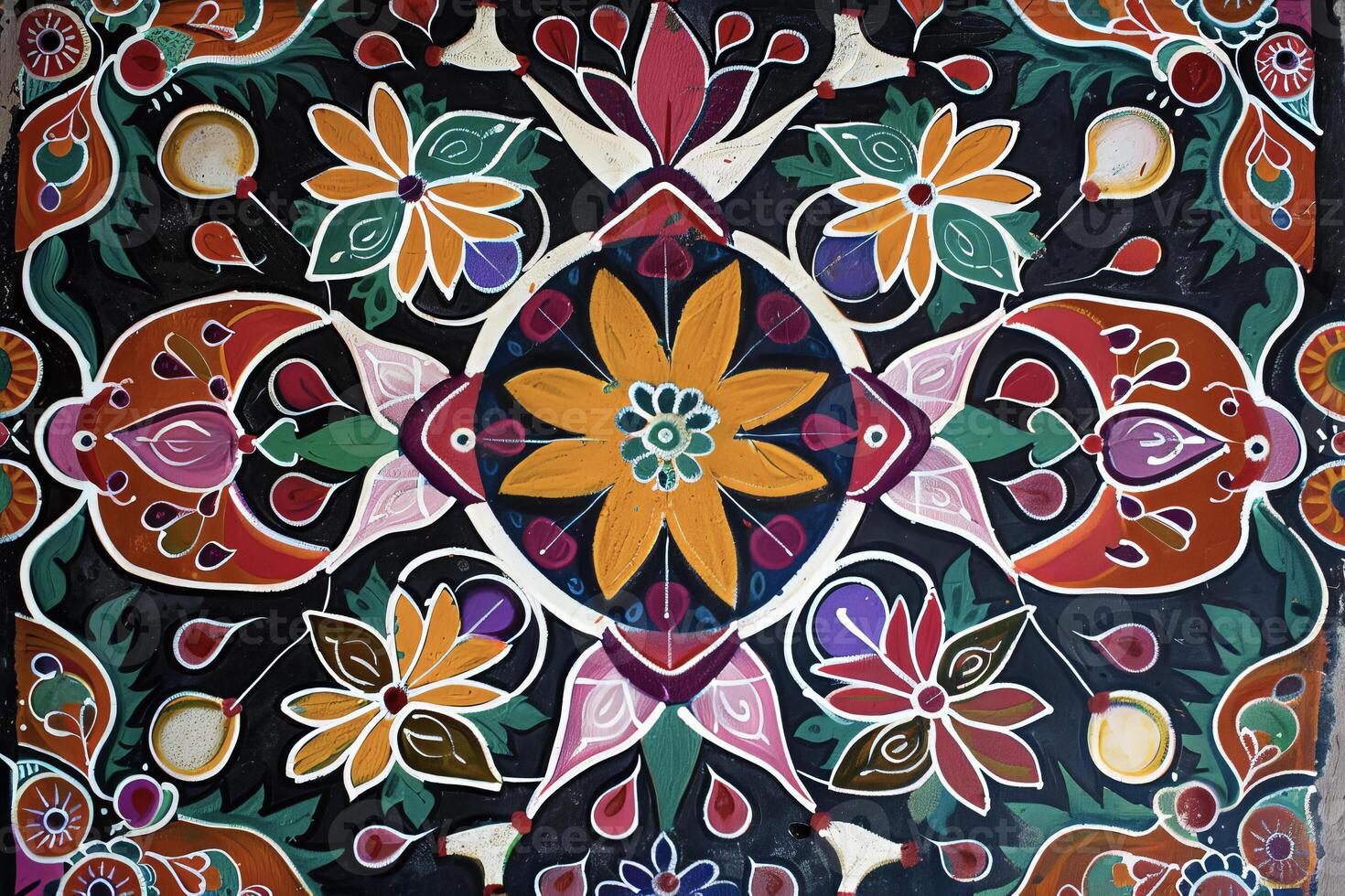 A colorful tile with flowers and leaves on it photo