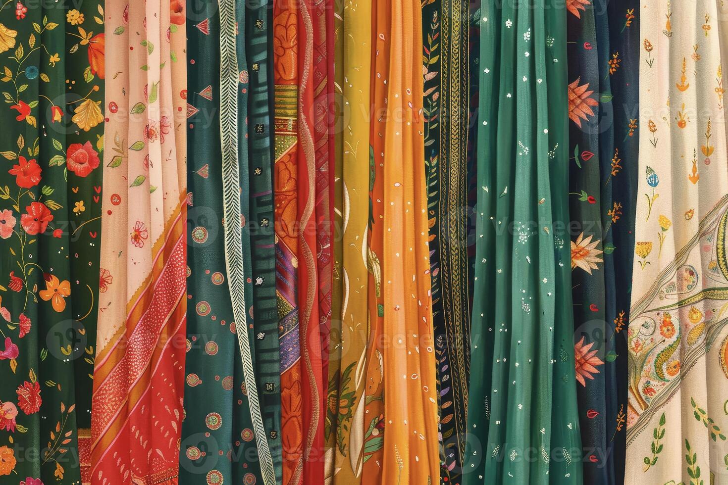Colorful saris hanging on a rack photo