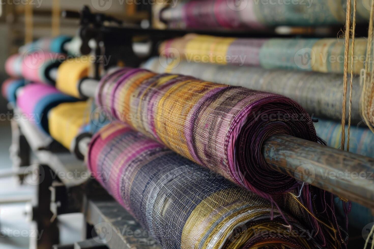 A large roll of yarn is being rolled on a machine photo