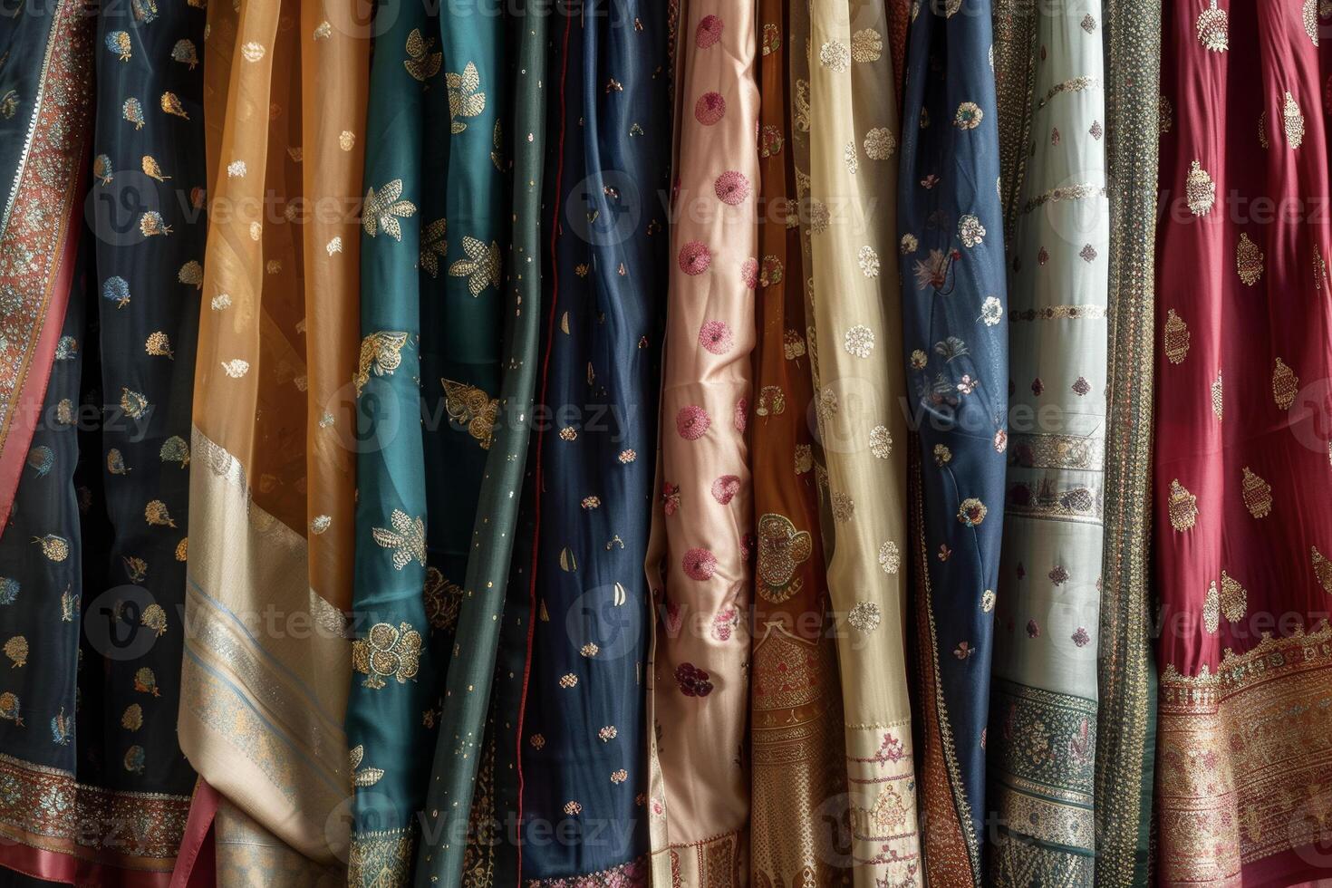 A row of colorful saris hanging on a rack photo