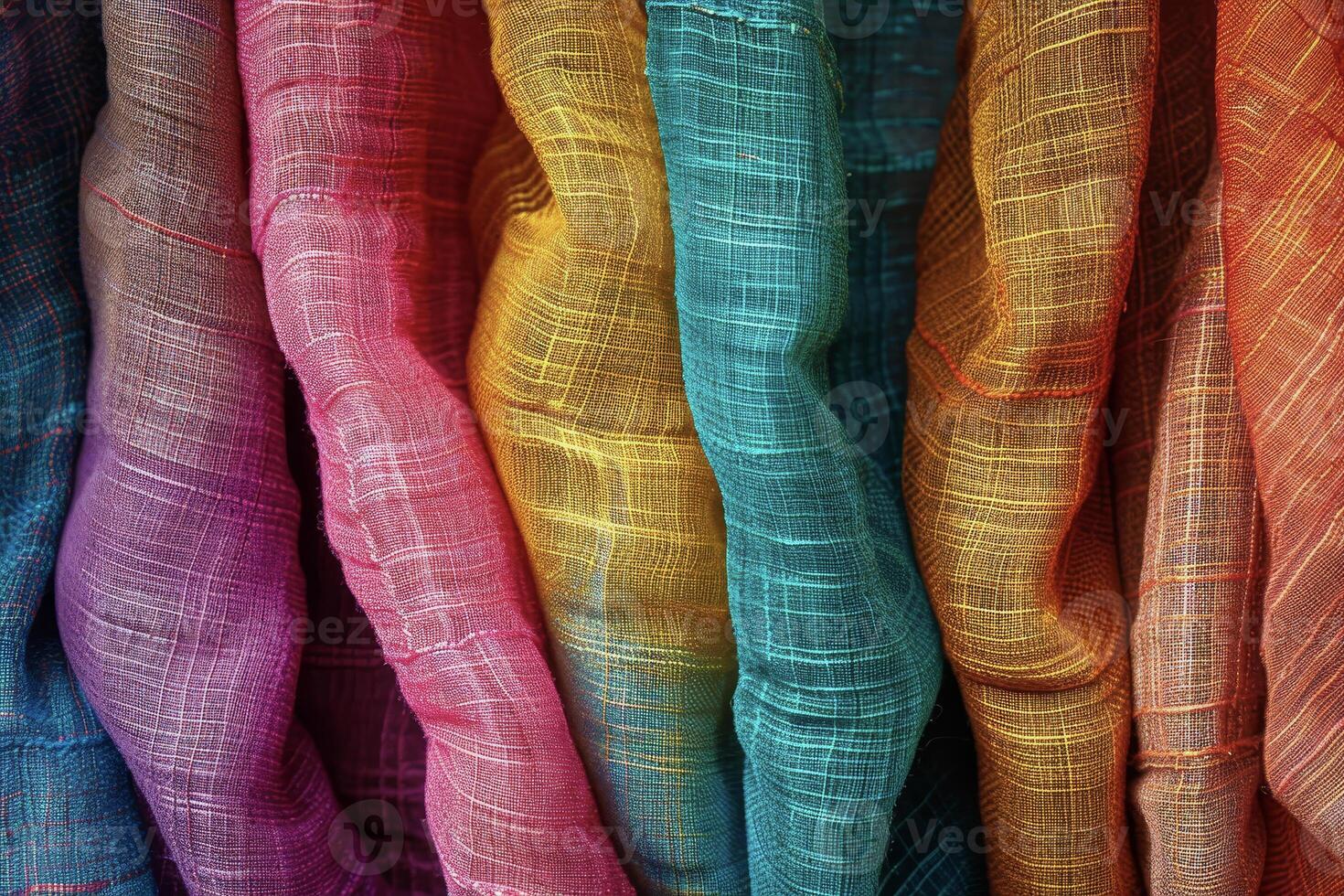 A row of colorful fabric hanging on a wall photo