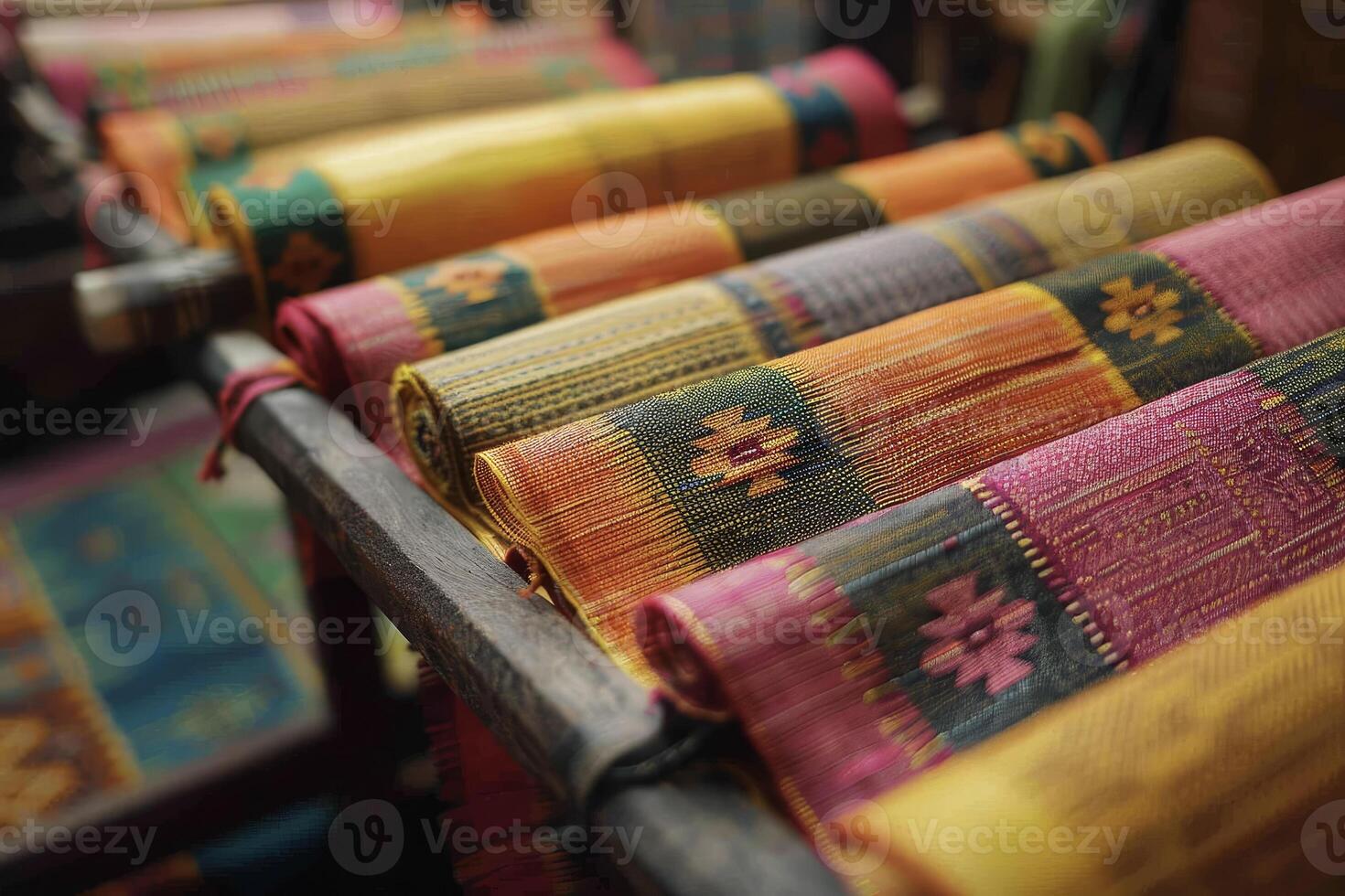 Colorful silk fabric on display at a market photo