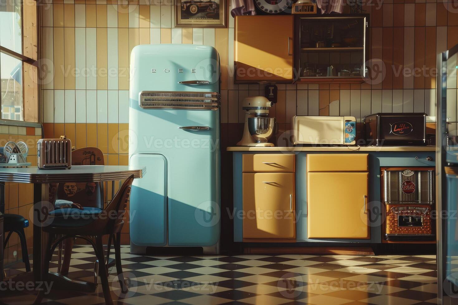 A kitchen with a blue refrigerator and a checkered floor photo