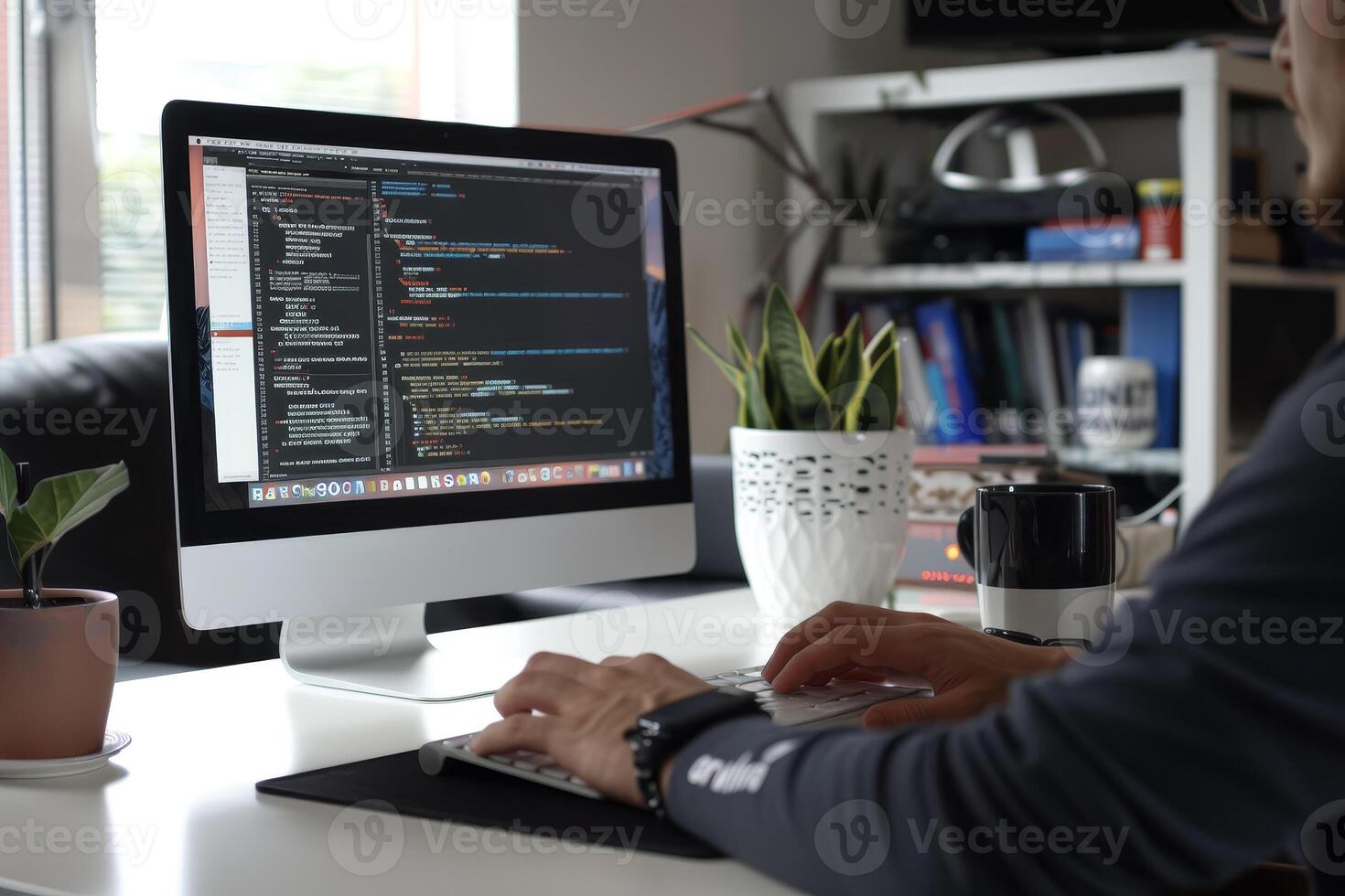 A man is working on a computer with code on it photo
