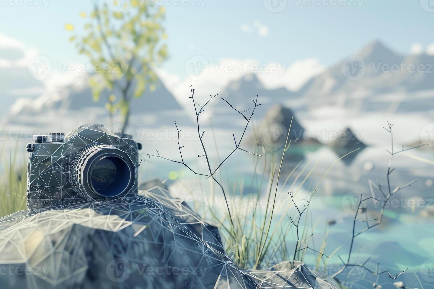 A camera is sitting on a rock in front of a lake photo