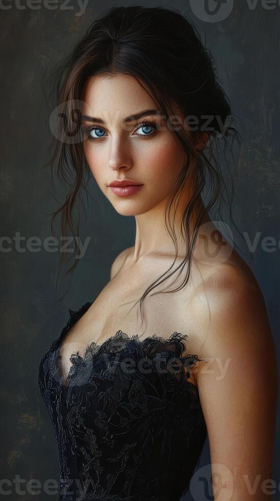 A beautiful woman in a black dress with blue eyes photo
