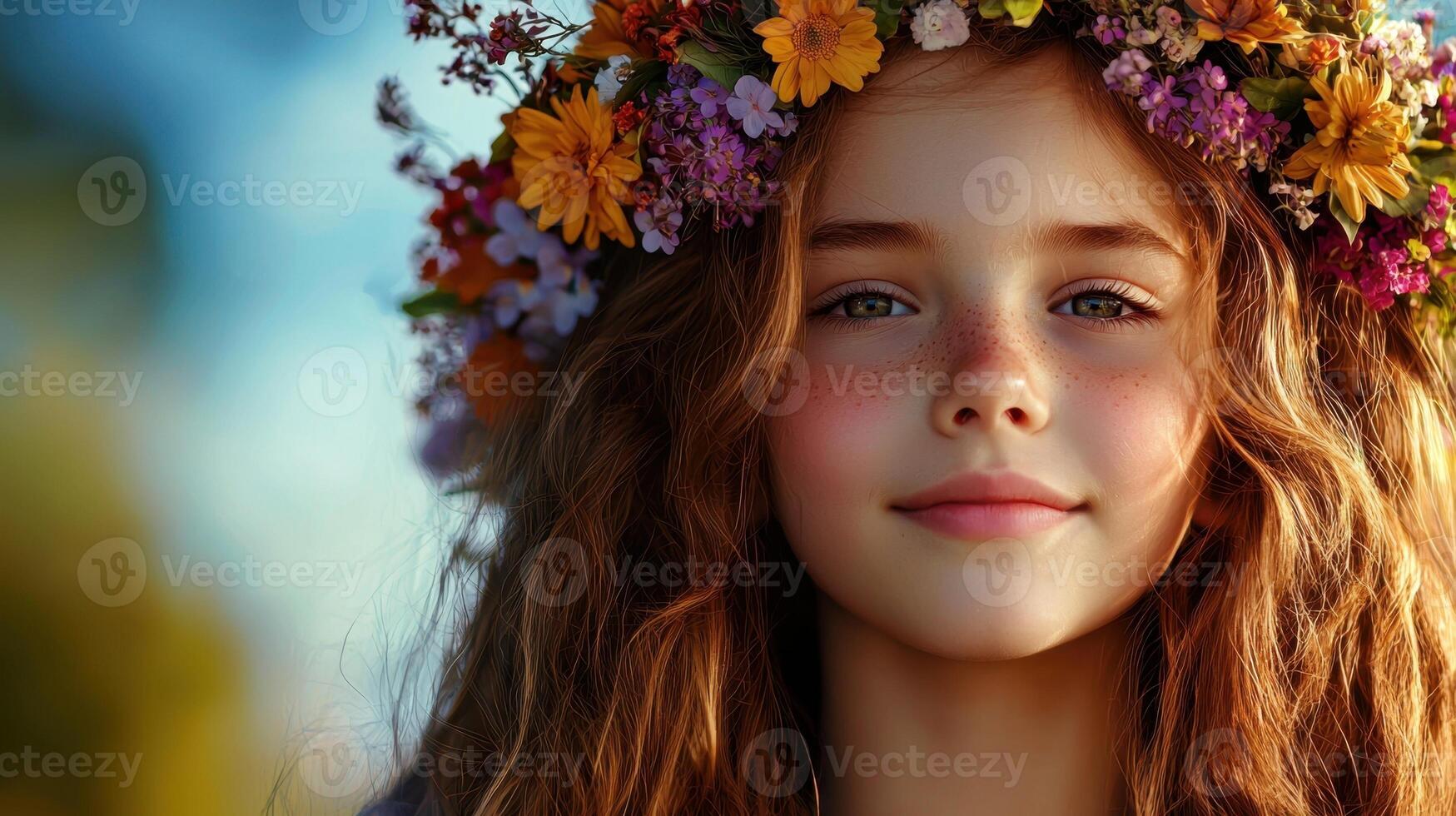A young girl with a flower crown on her head photo