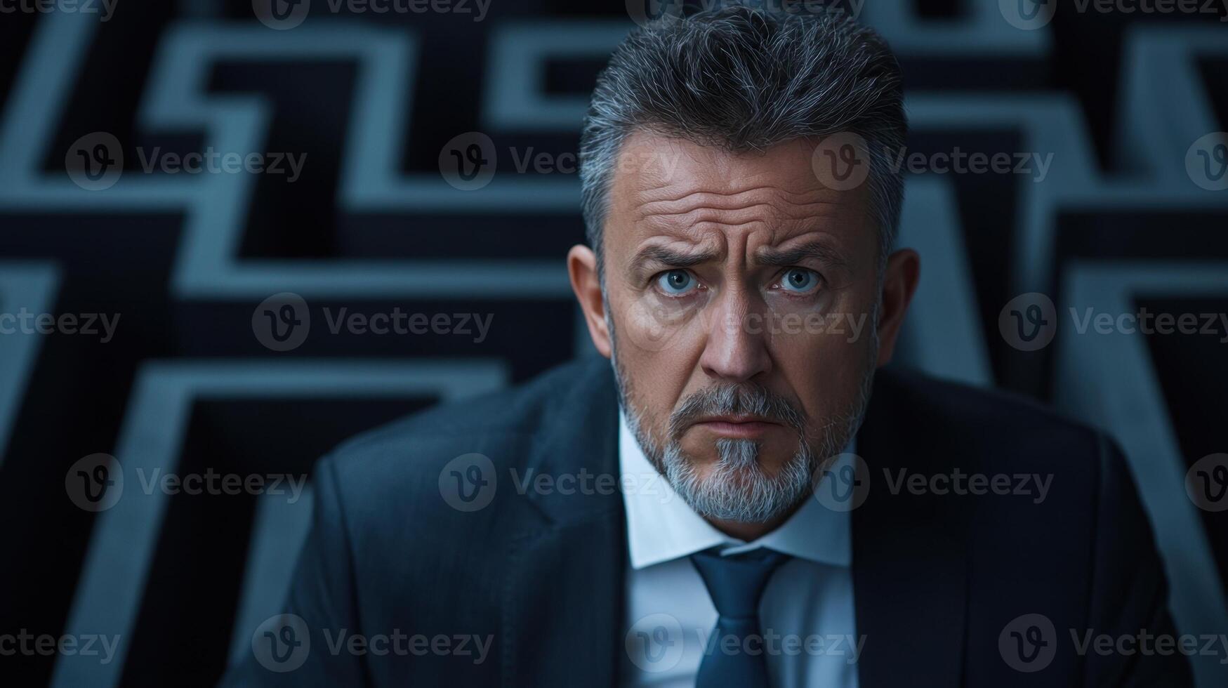 A man in a suit and tie looking at a maze photo
