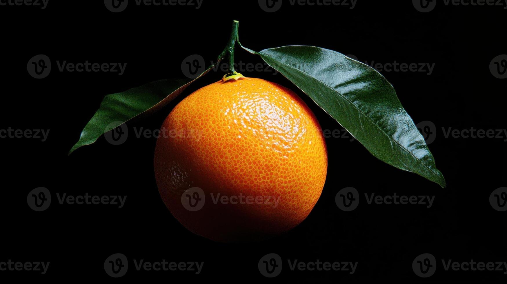 An orange with green leaves photo