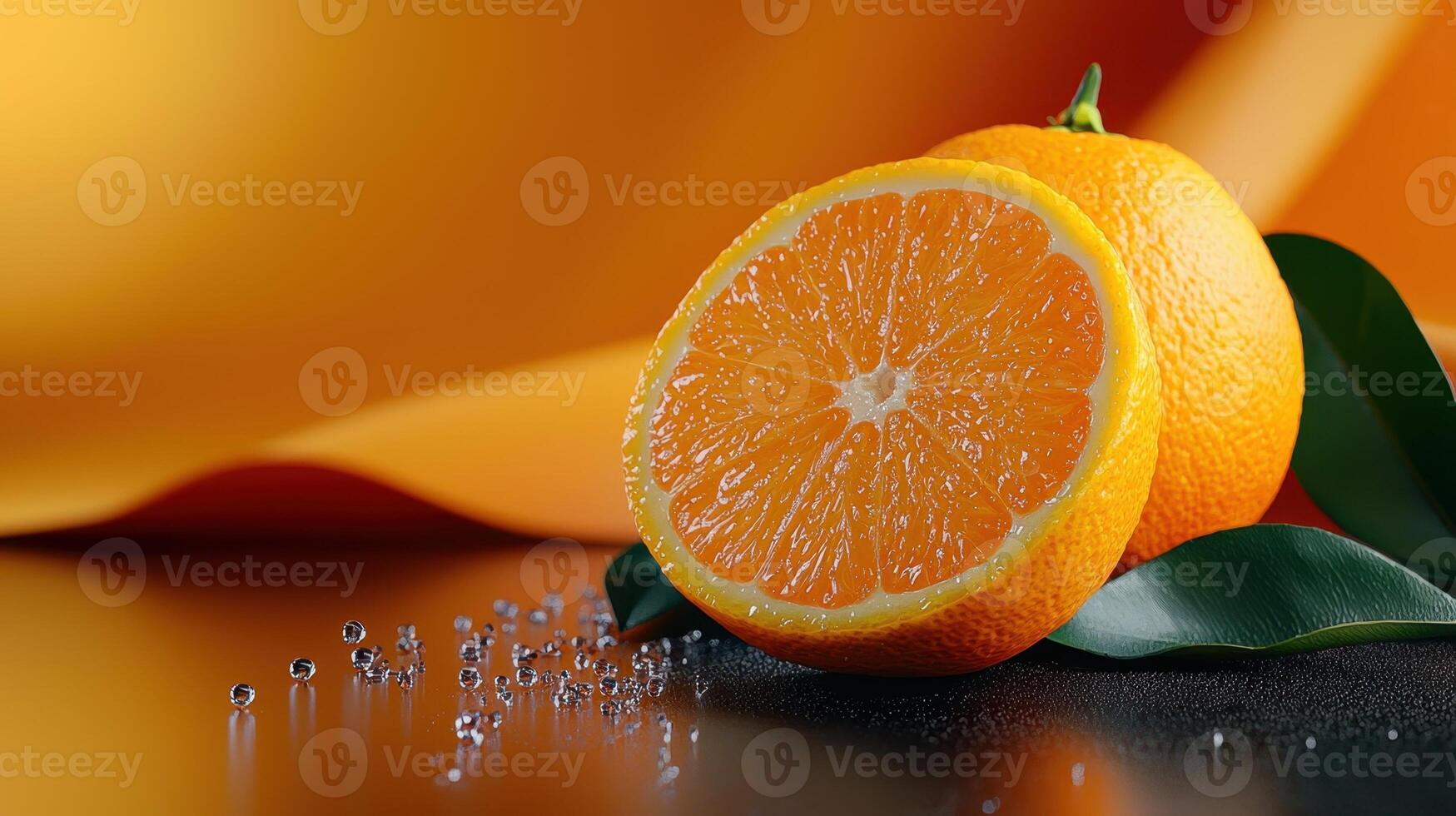 An orange and a leaf on a table photo