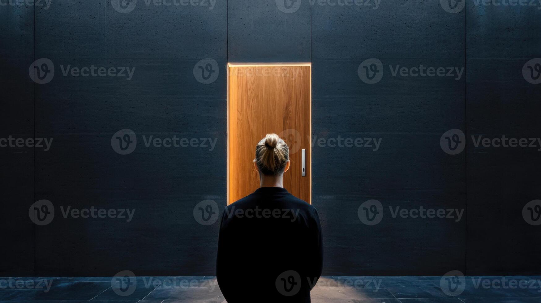 A person standing in front of a door with a light coming from it photo