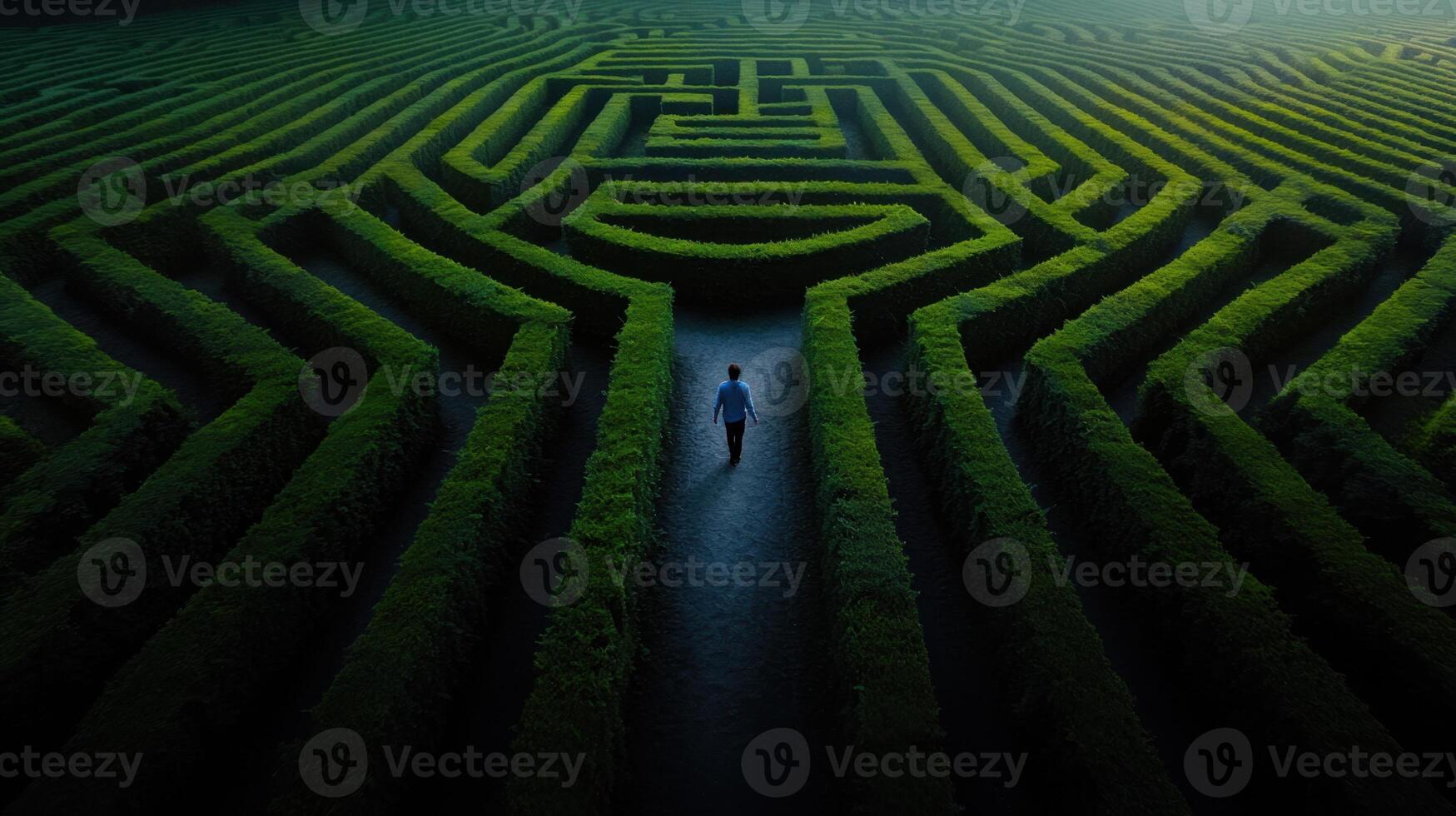 A man walks through a maze in the middle of a field photo
