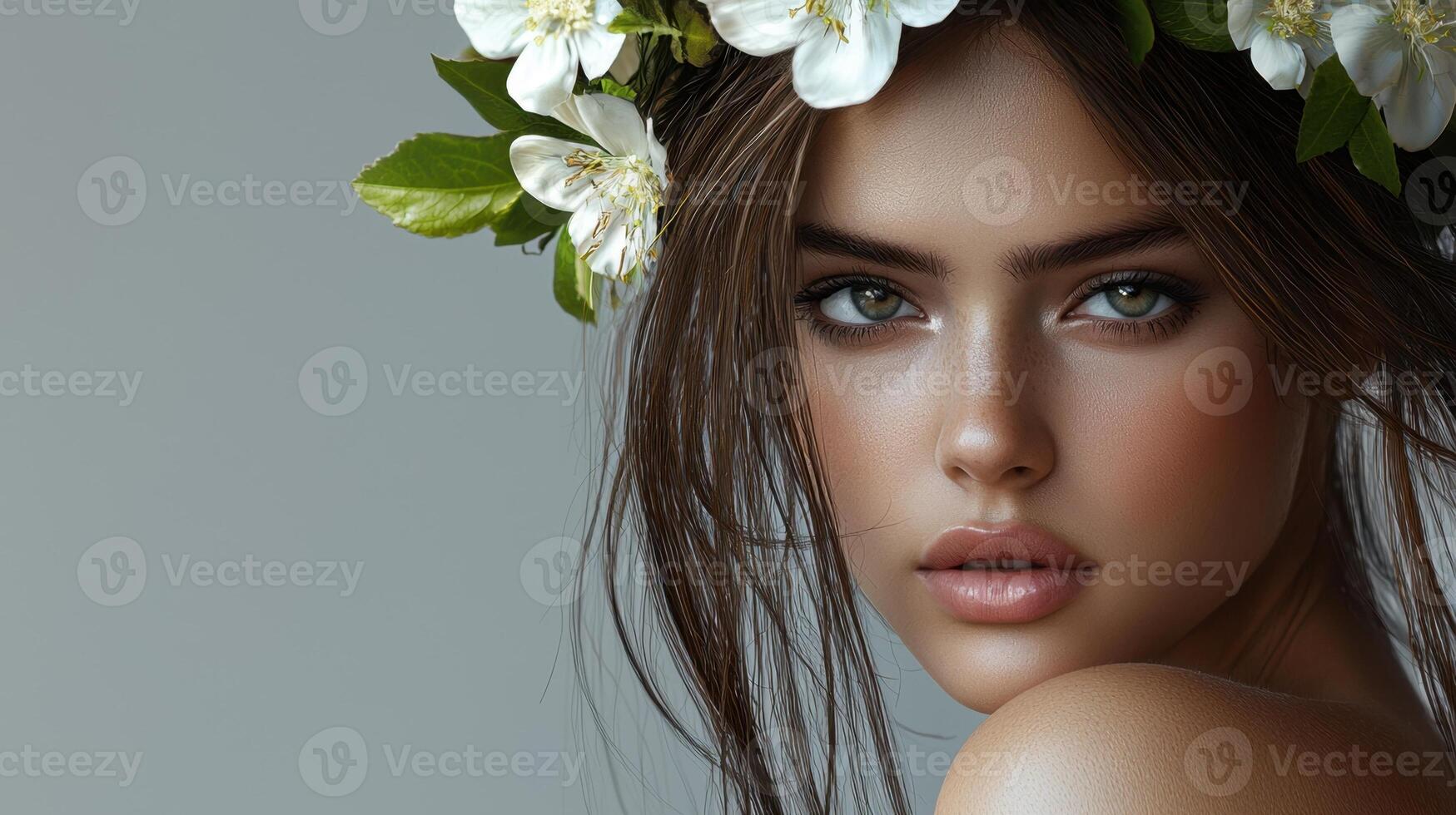 Beautiful woman with flowers on her head photo