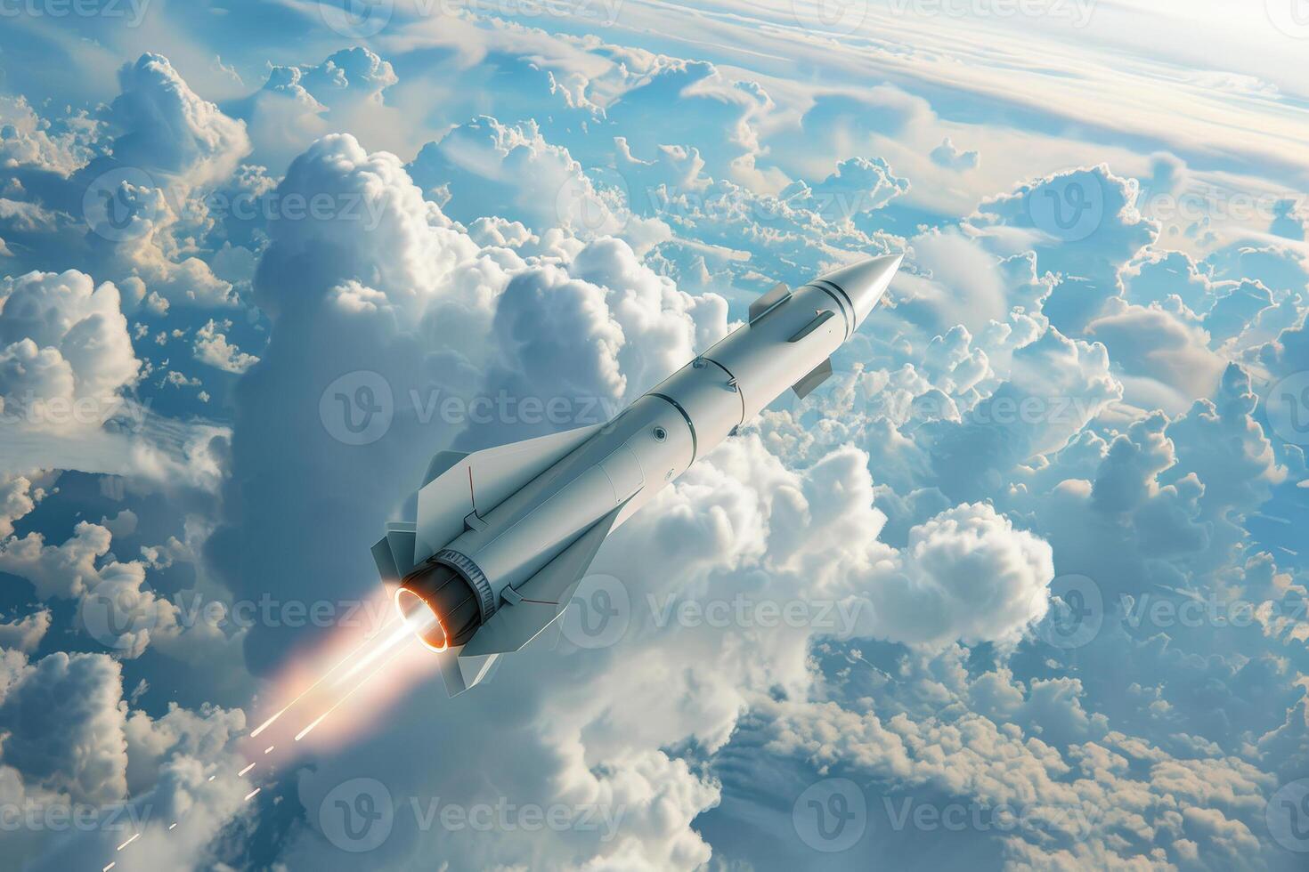 A rocket is flying through the sky photo