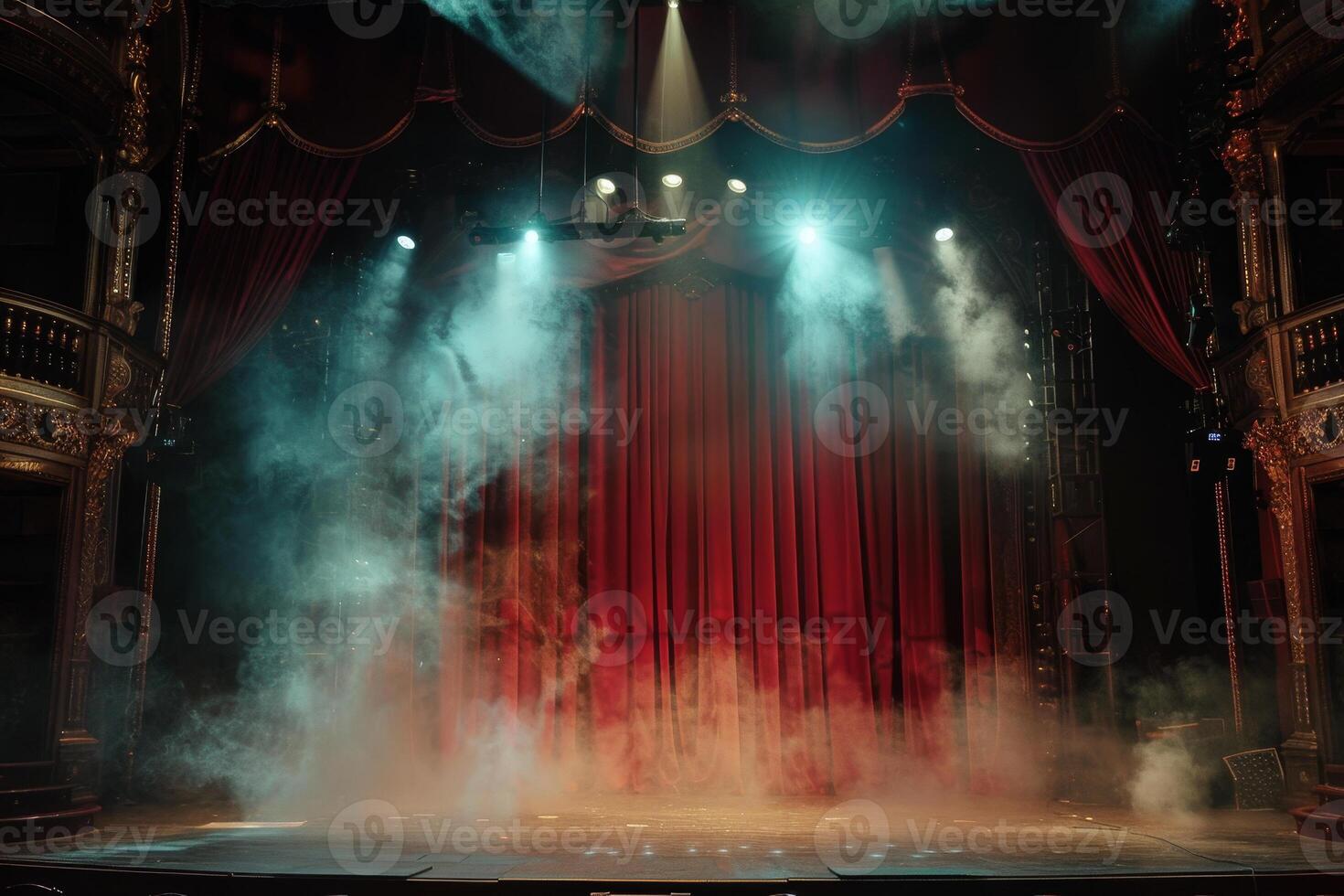 A stage with smoke coming out of the curtain photo