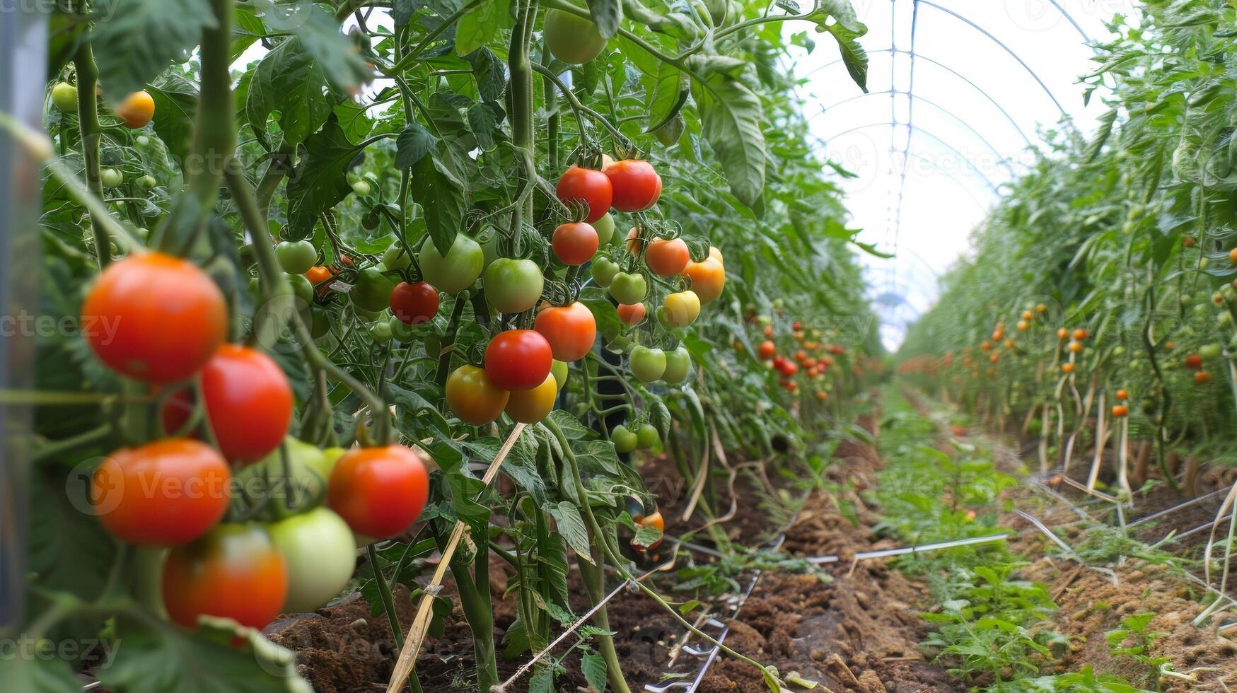Tomatoes growing in a greenhouse photo