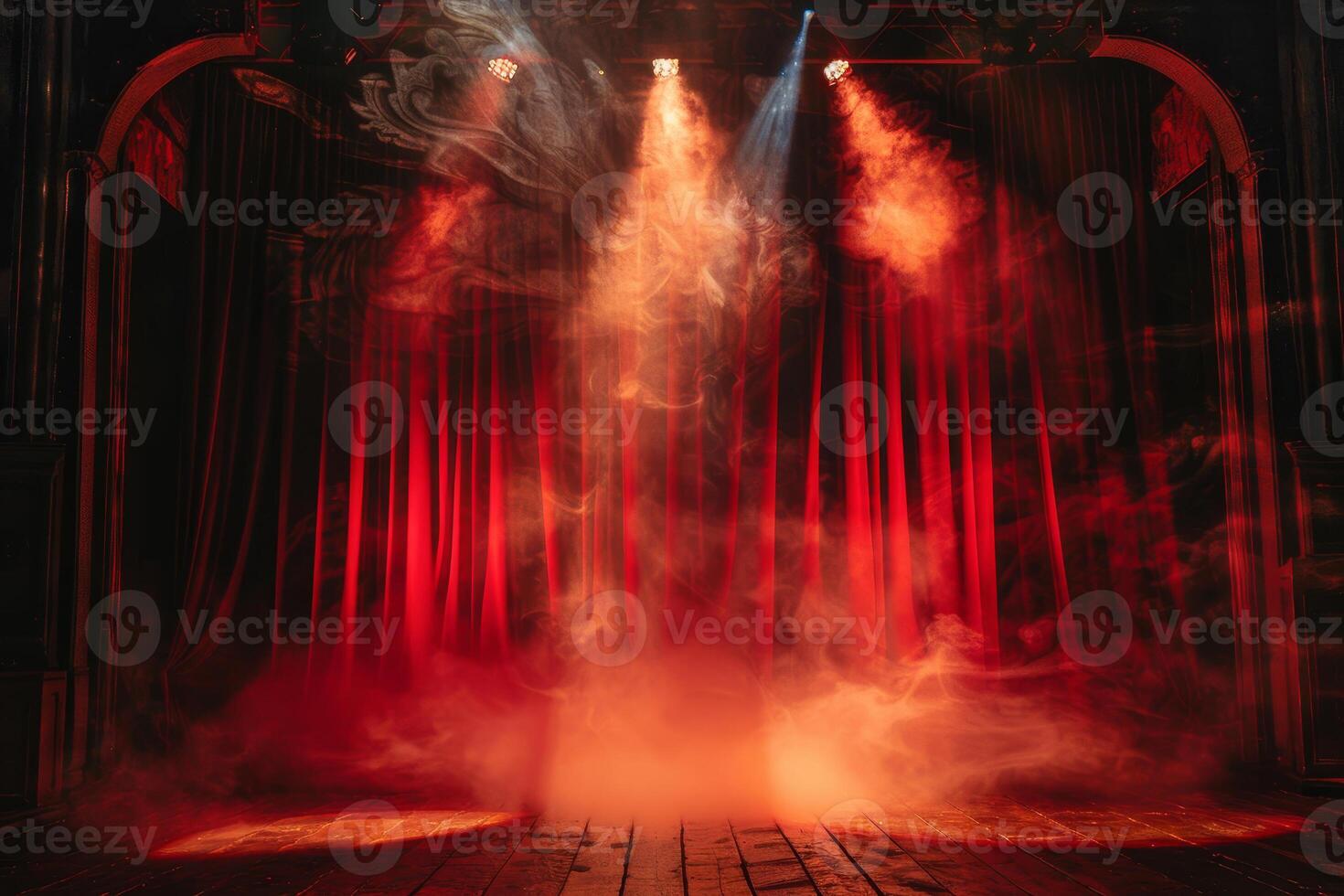 A red curtain is in the middle of a stage with smoke coming out of it photo