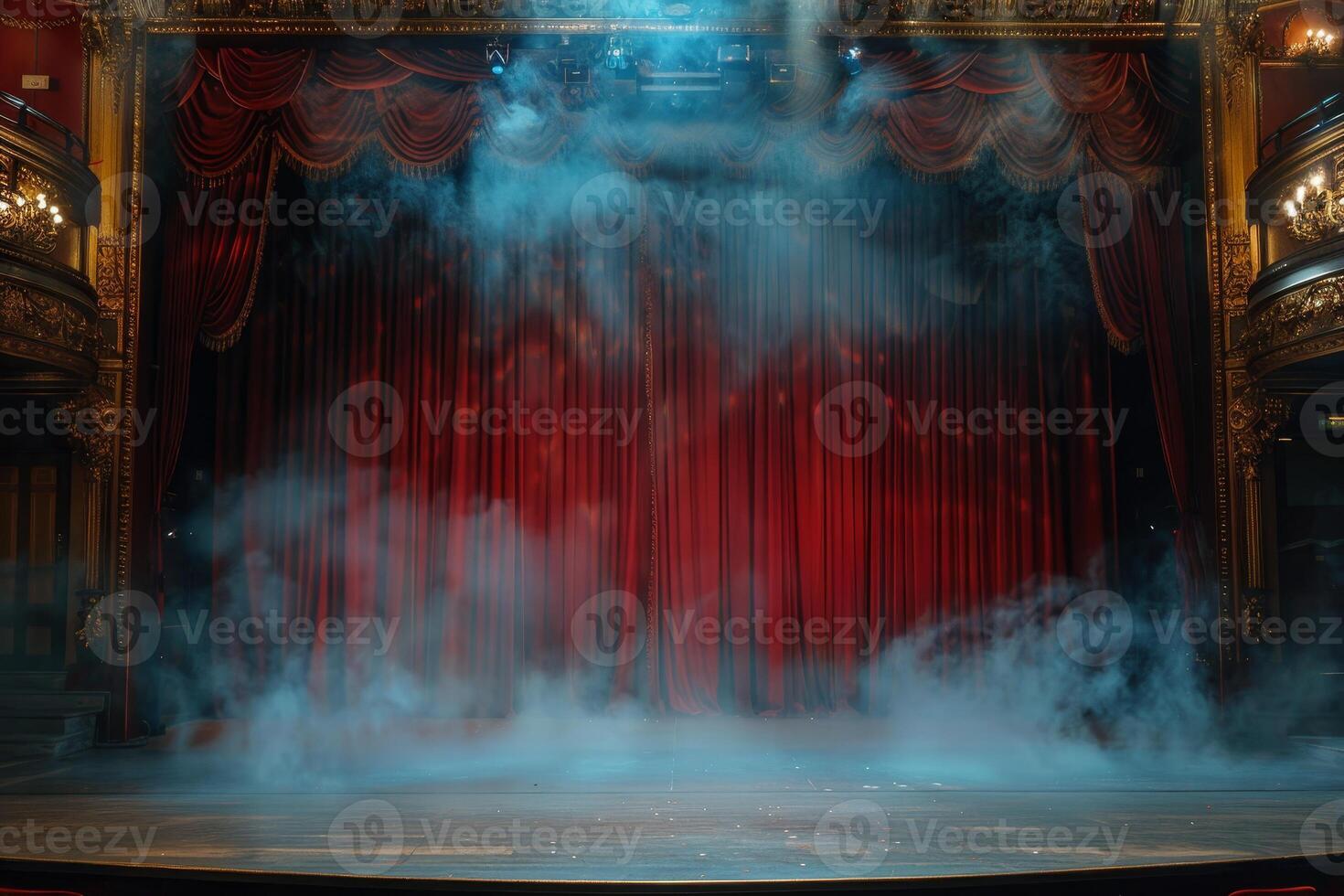 A theater stage with smoke coming out of it photo