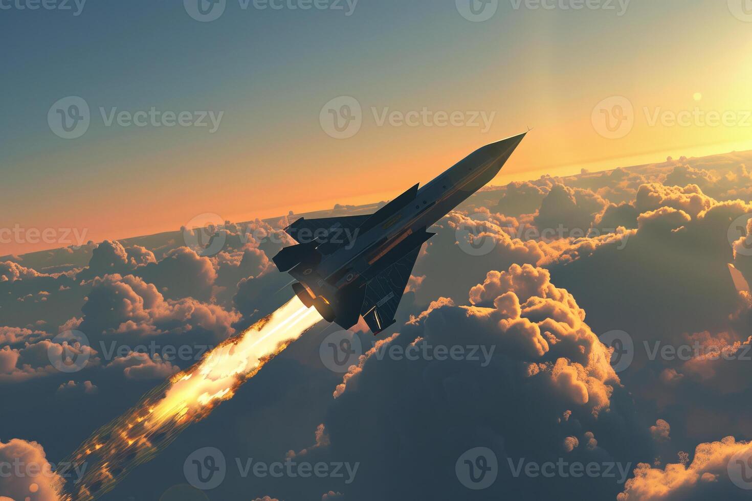 A fighter jet flying through the clouds photo