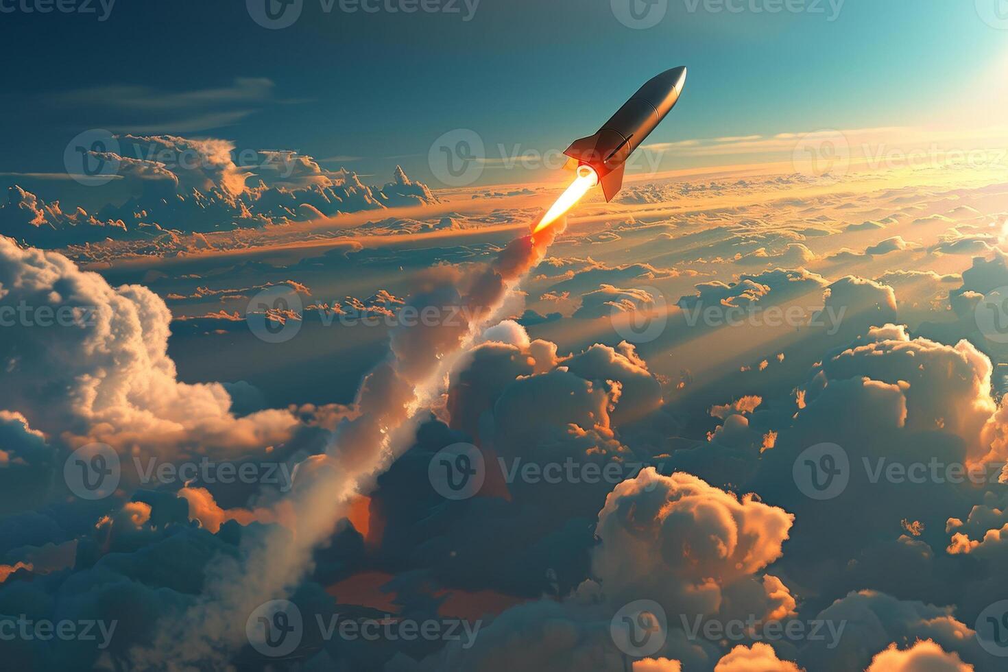 A rocket is flying through the sky photo