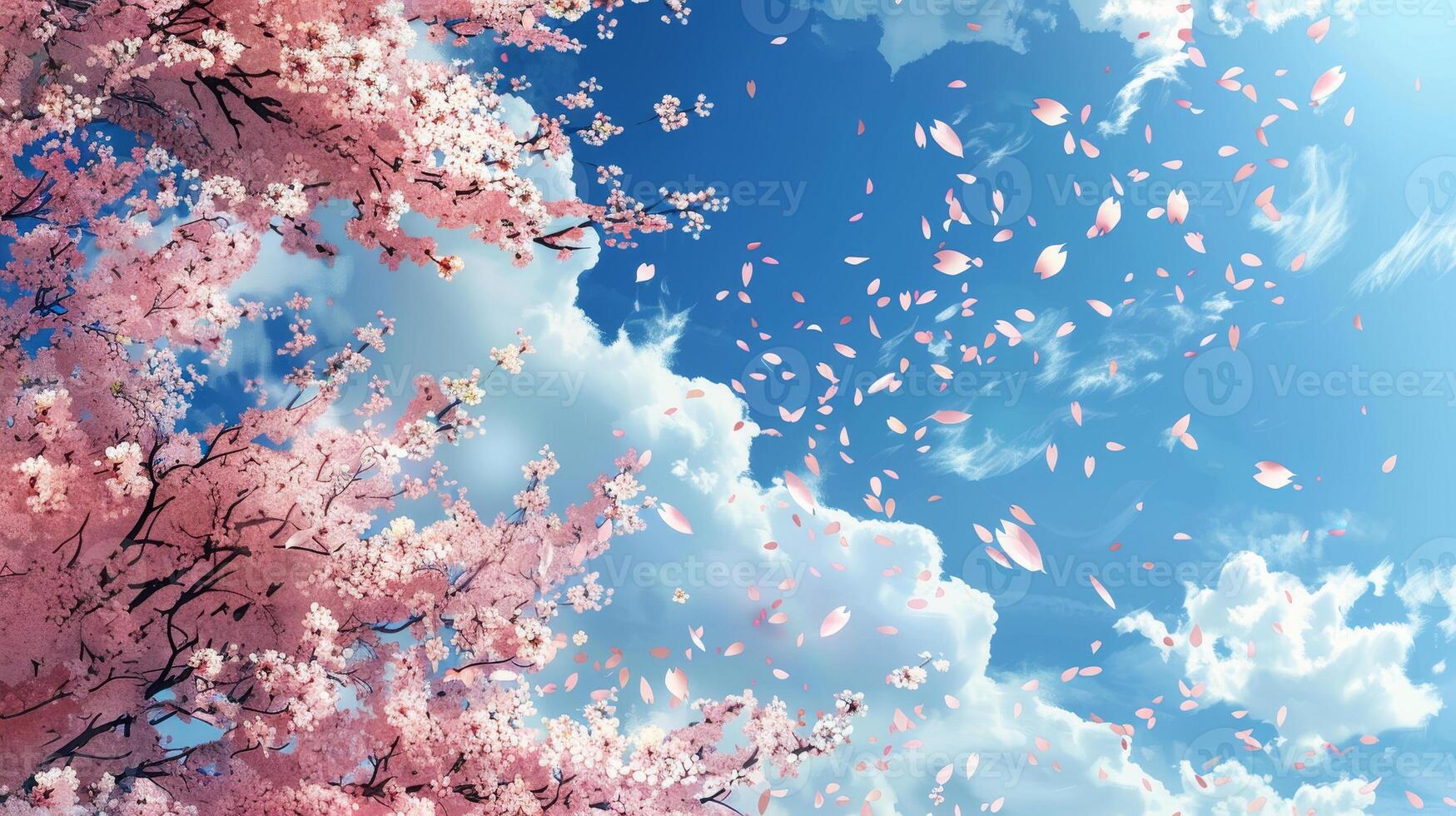 Pink cherry blossoms are flying in the sky photo