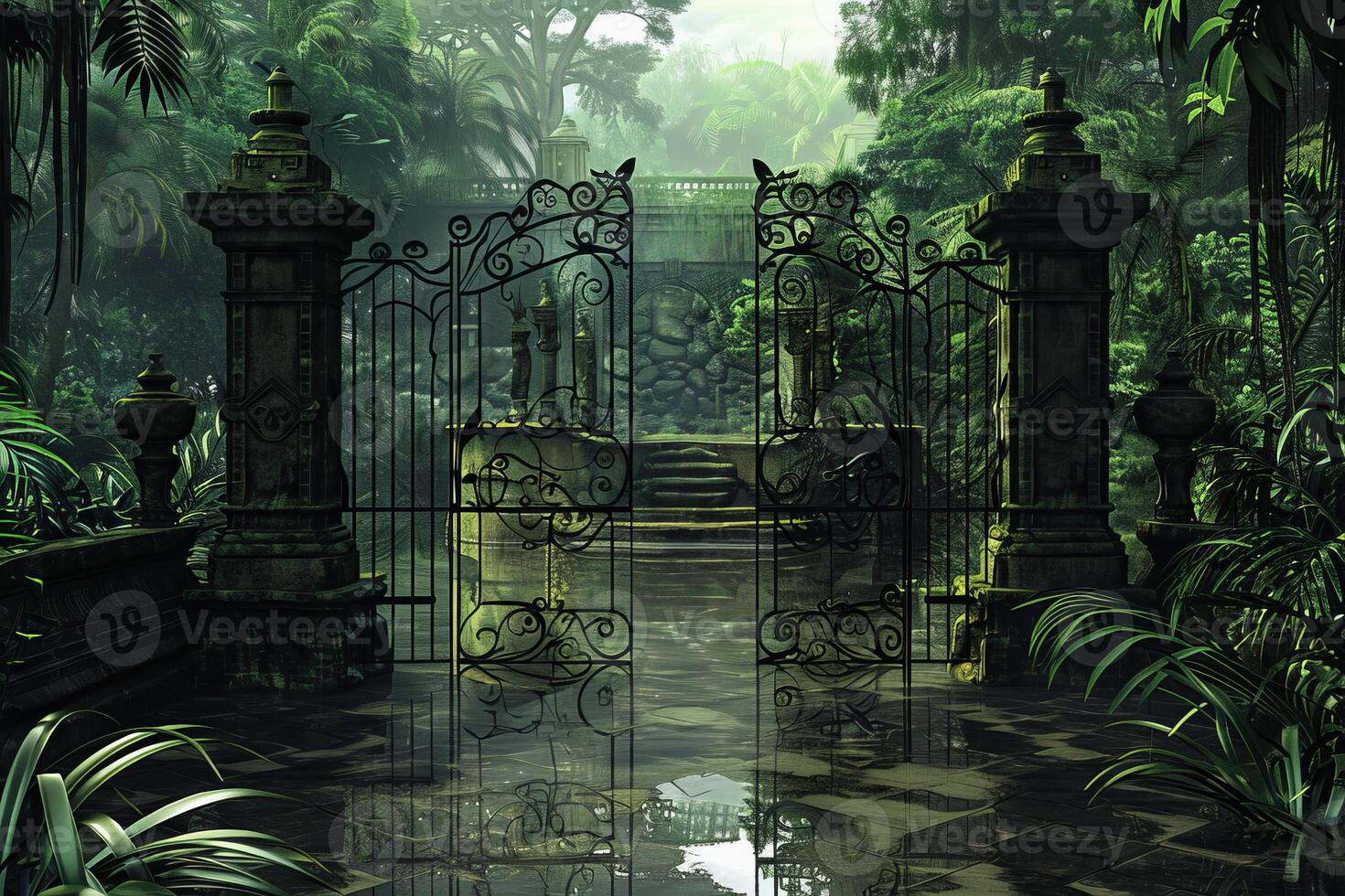 A gate in the jungle with a waterfall and plants photo