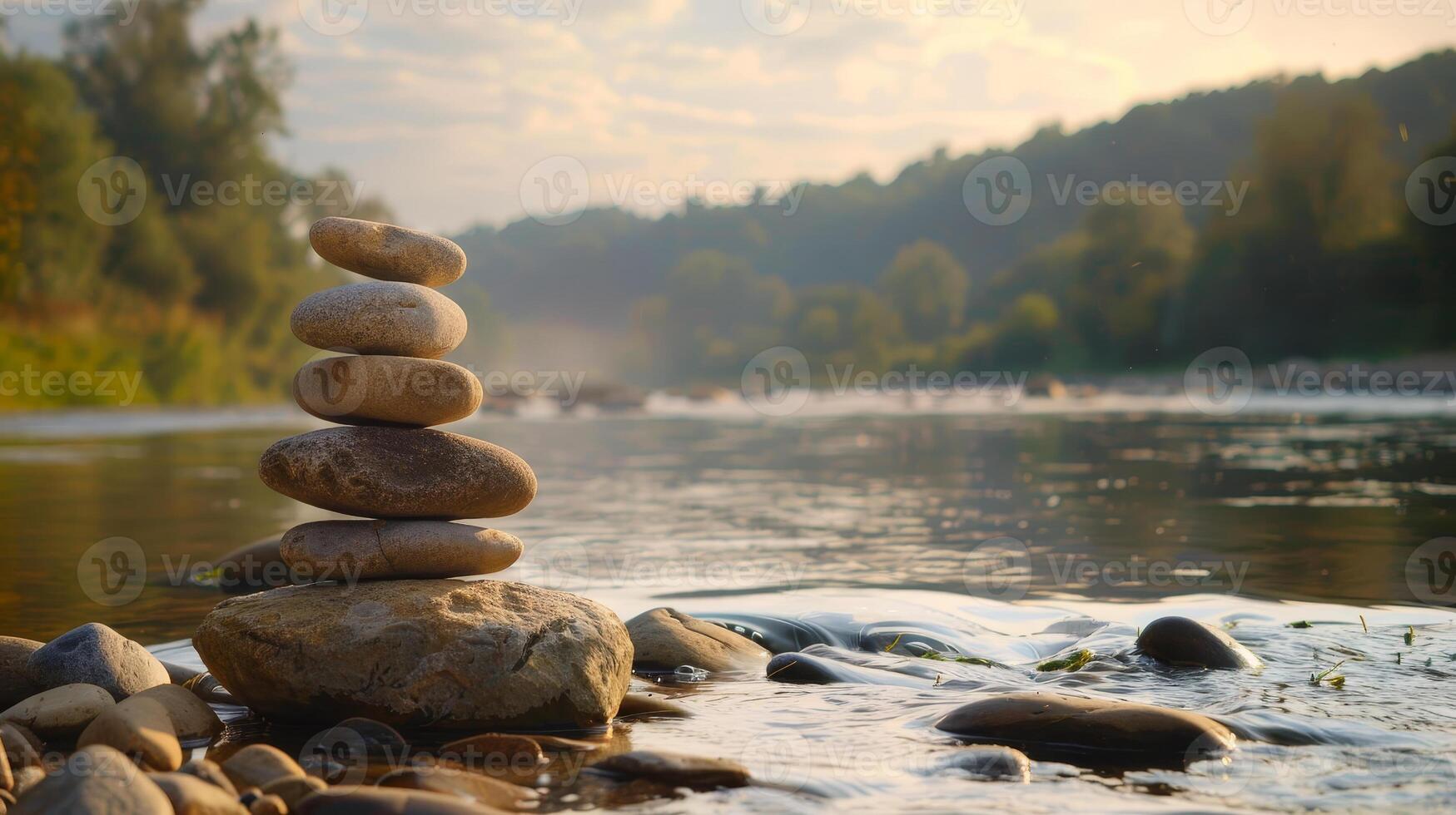 A stack of rocks sitting on top of a river photo