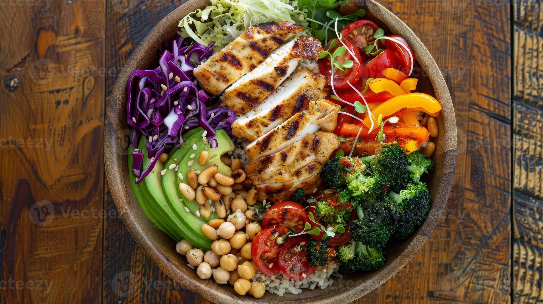 A wooden bowl filled with a variety of food photo