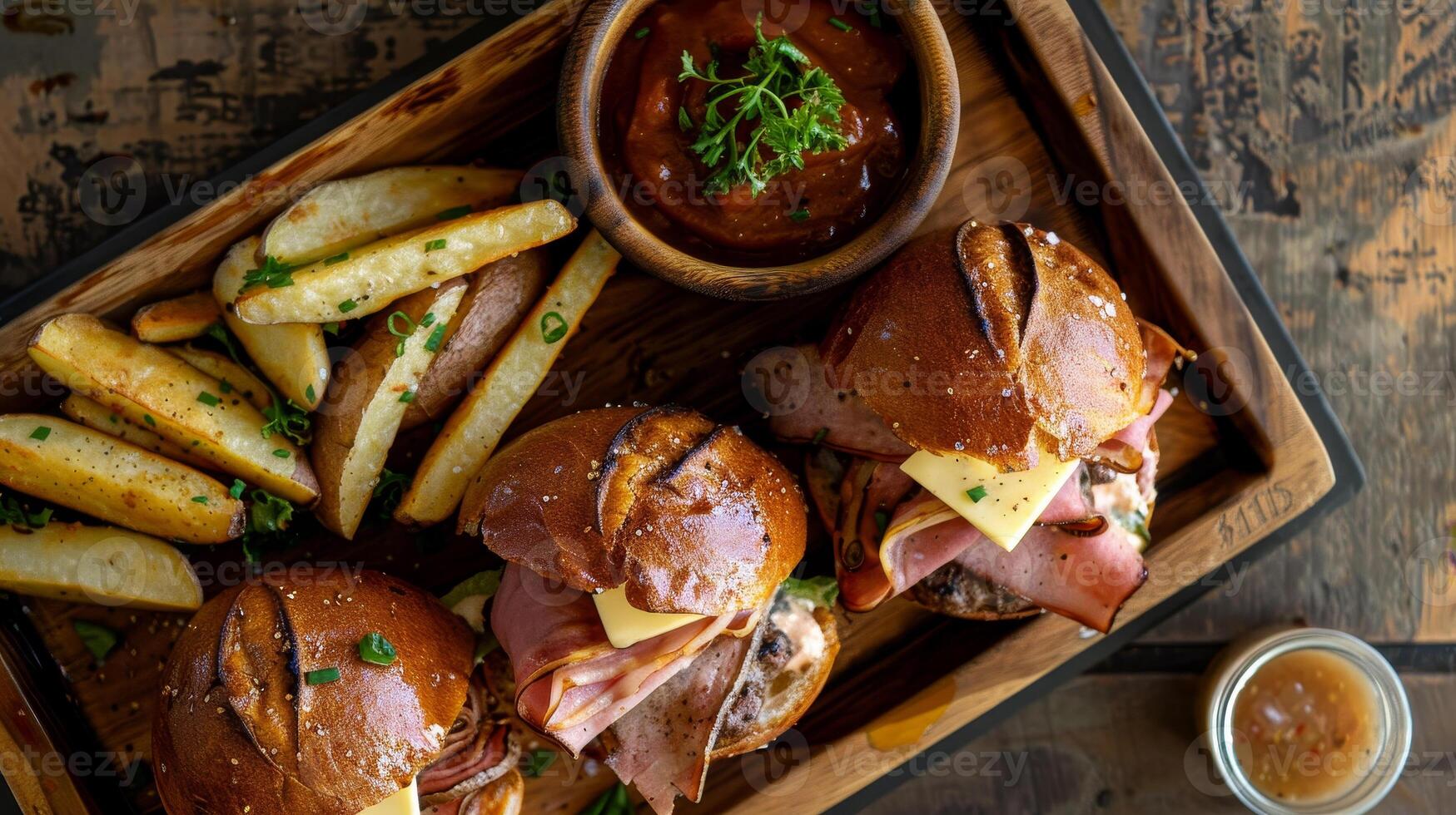 A tray of sandwiches and fries is on a wooden table photo