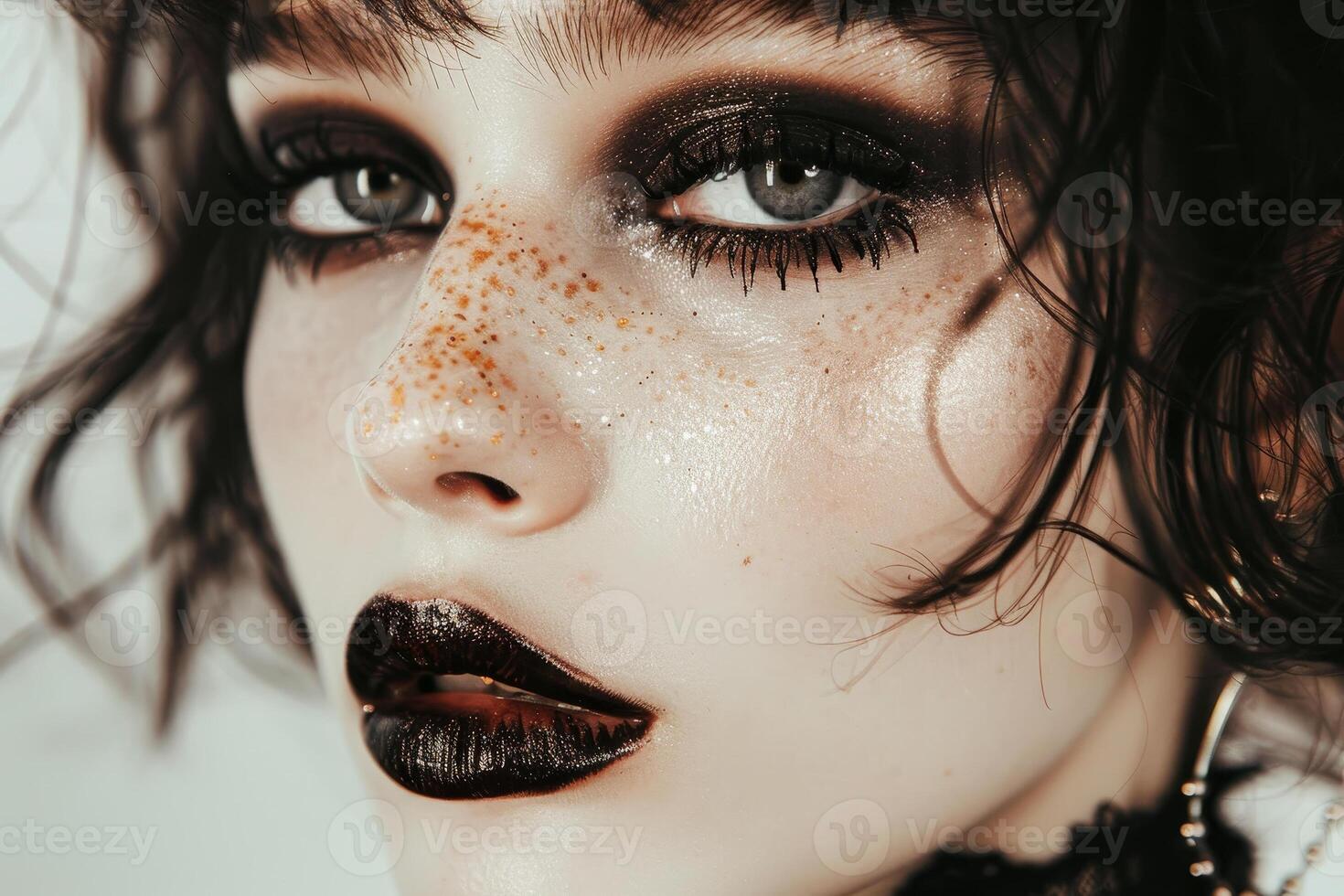 A woman with black makeup and red eyes photo