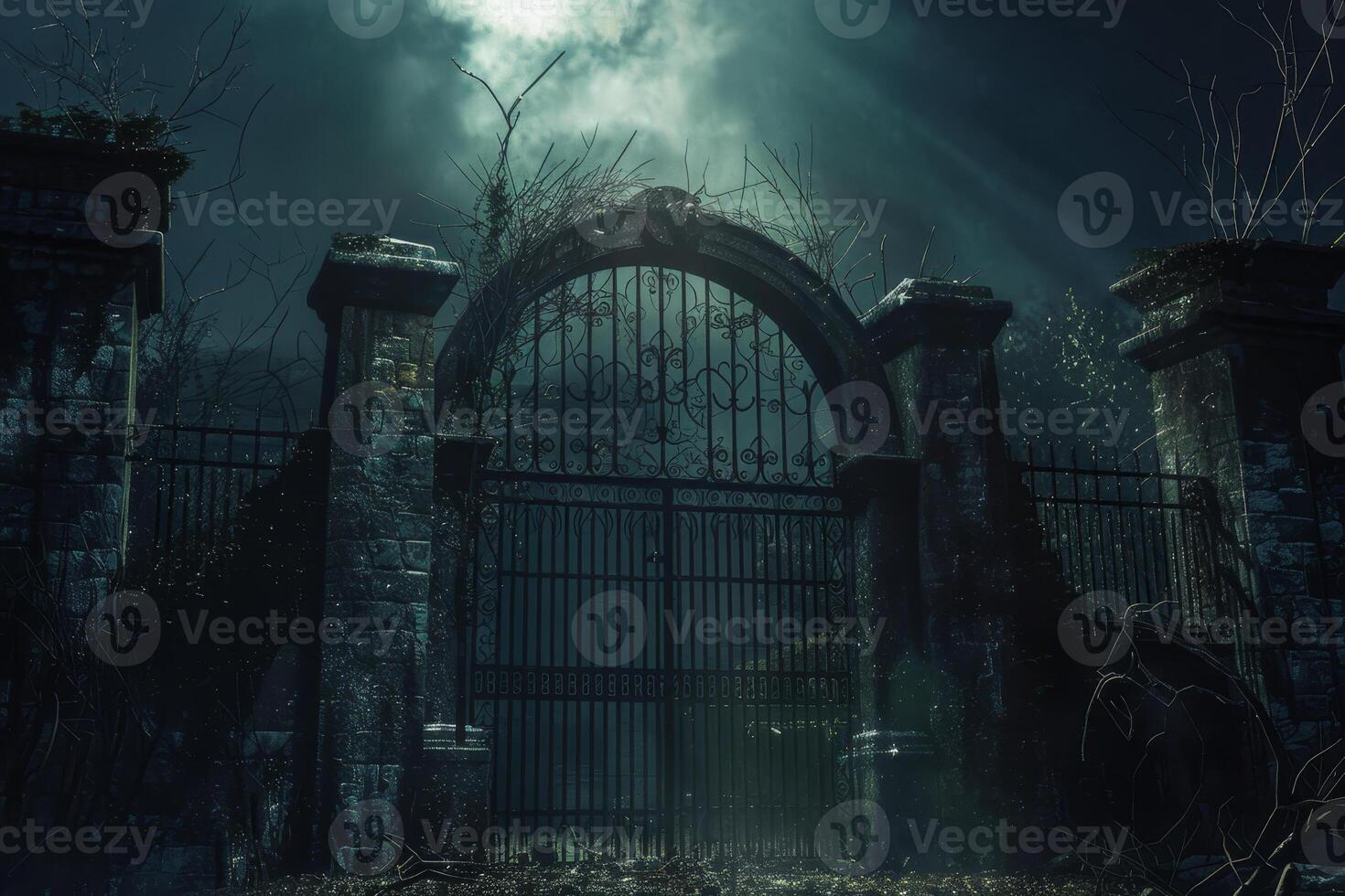 The gate to a dark, creepy graveyard photo