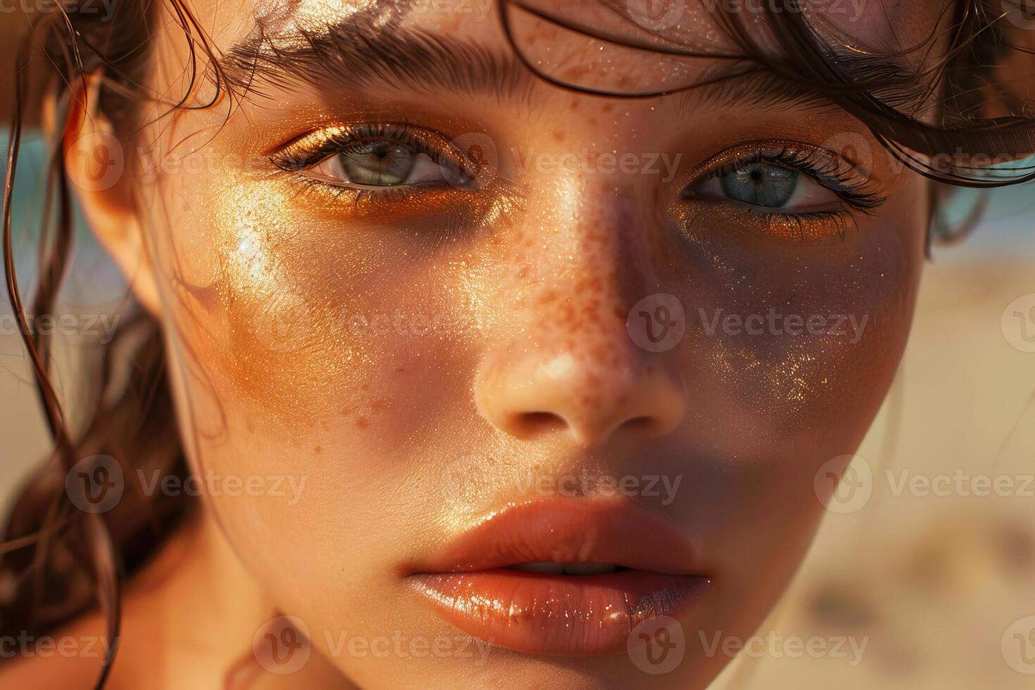 A woman with freckles and gold makeup photo