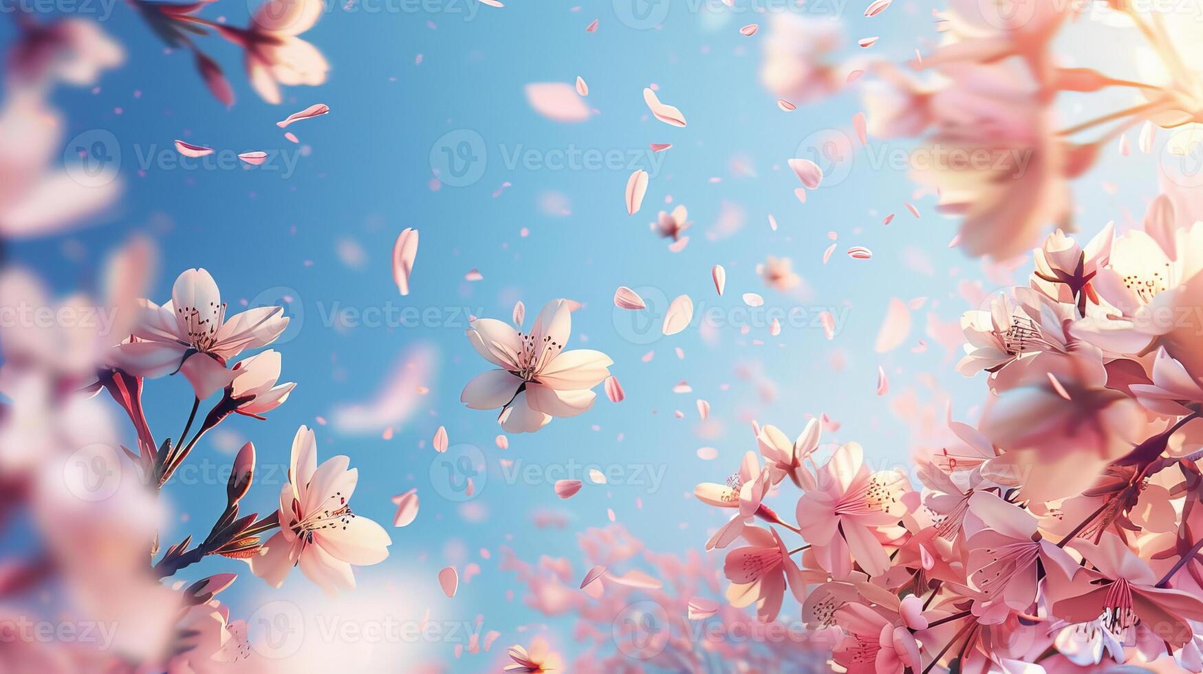 Pink cherry blossoms are flying in the air photo