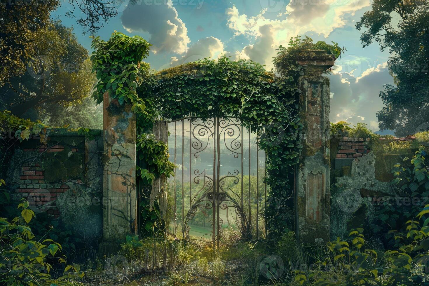 An old gate with ivy growing over it and a sky background photo