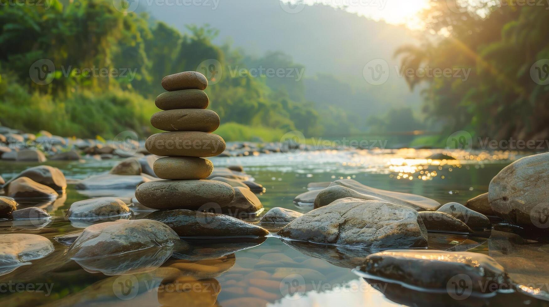 Stacked stones in the river at sunrise photo