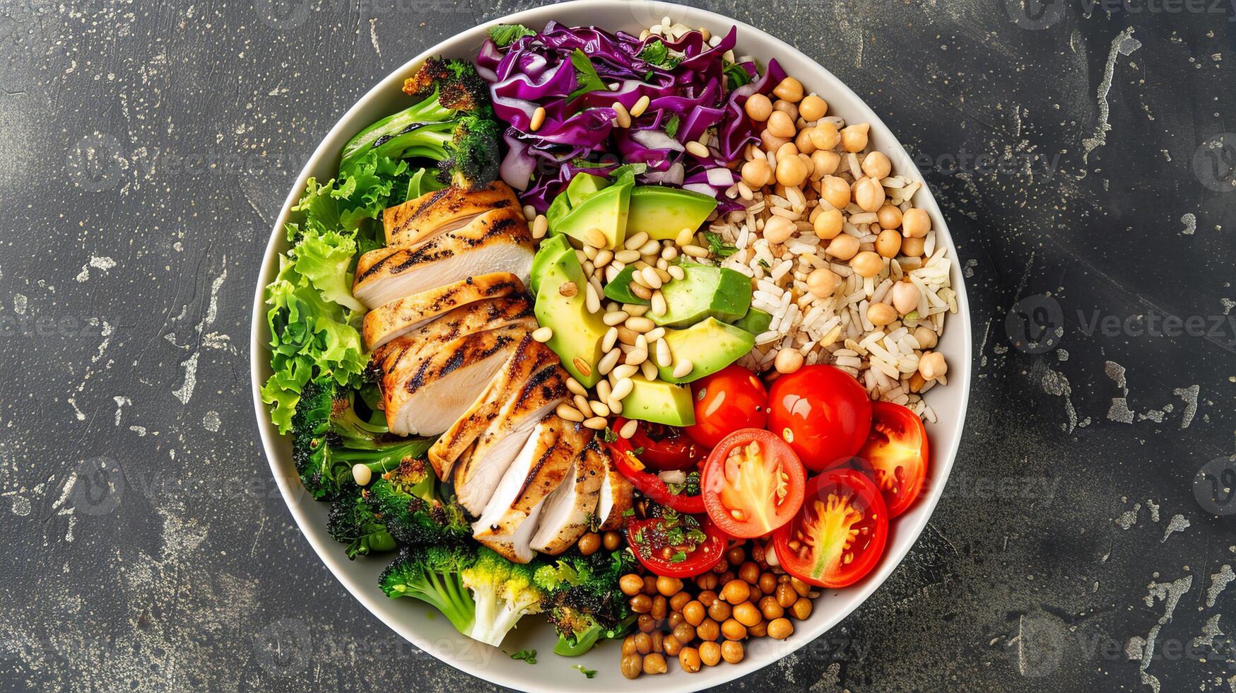 A bowl of food with chicken, vegetables and other ingredients photo